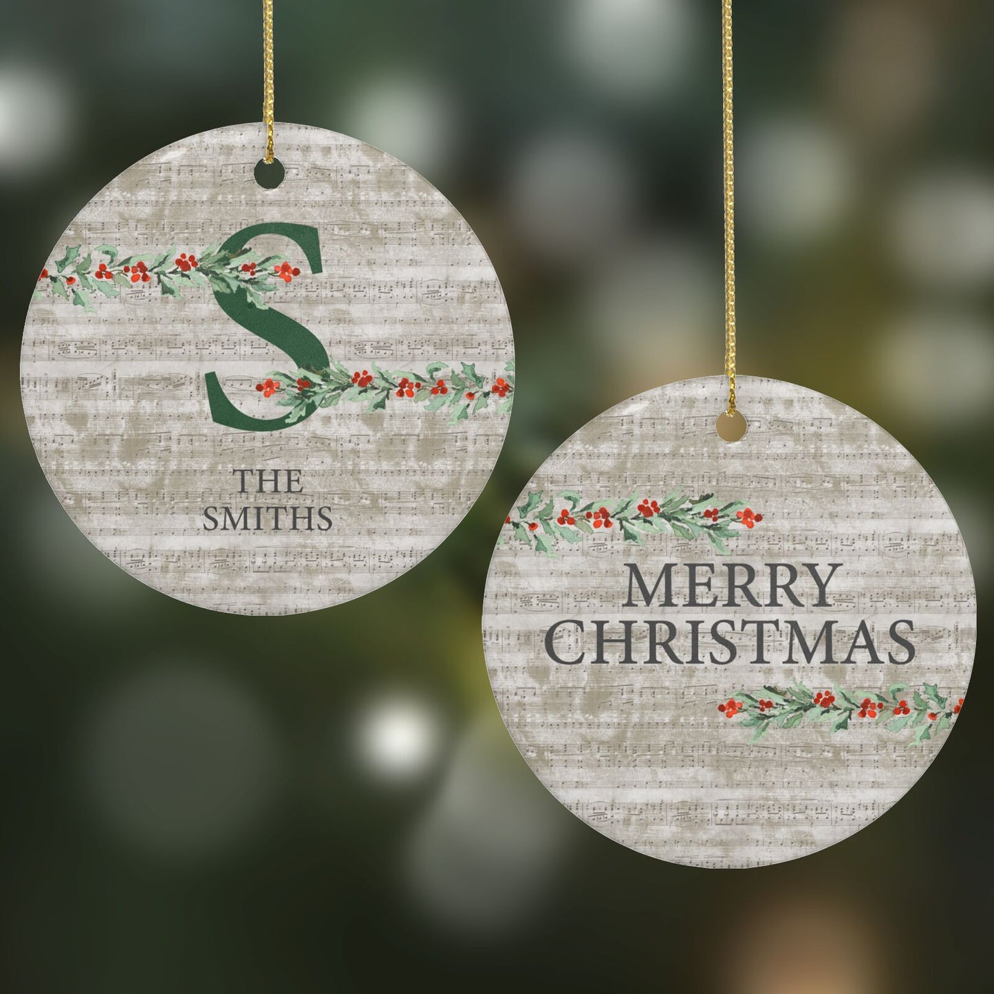 Nostalgic Monogram Personalised Round Decoration on Christmas Background