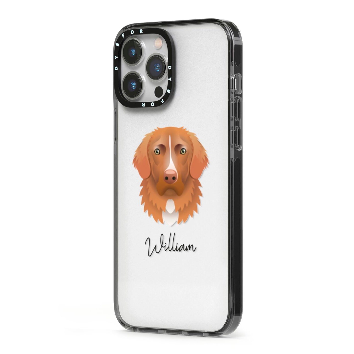 Nova Scotia Duck Tolling Retriever Personalised iPhone 13 Pro Max Black Impact Case Side Angle on Silver phone