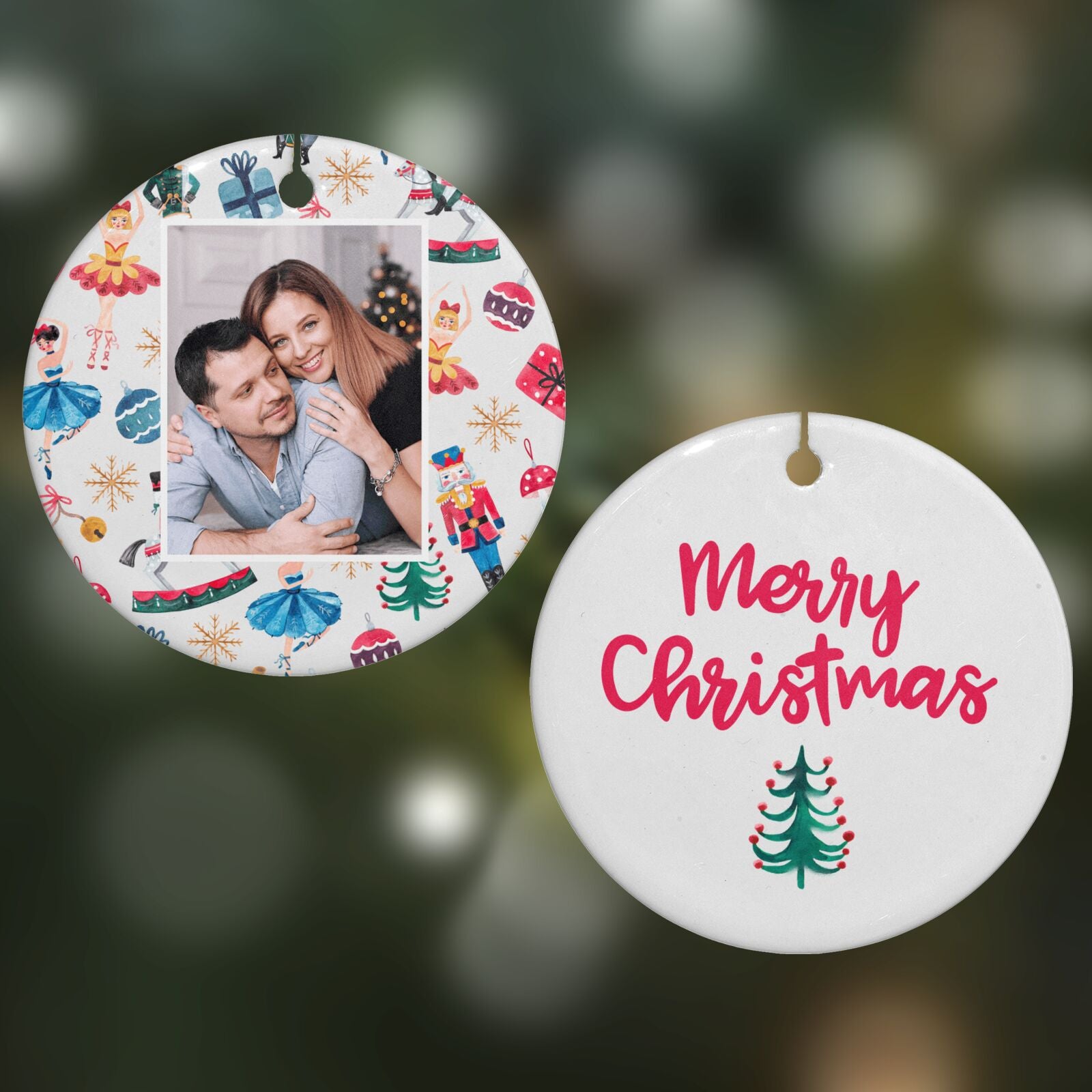 Nutcracker Personalised Photo Round Decoration on Christmas Background
