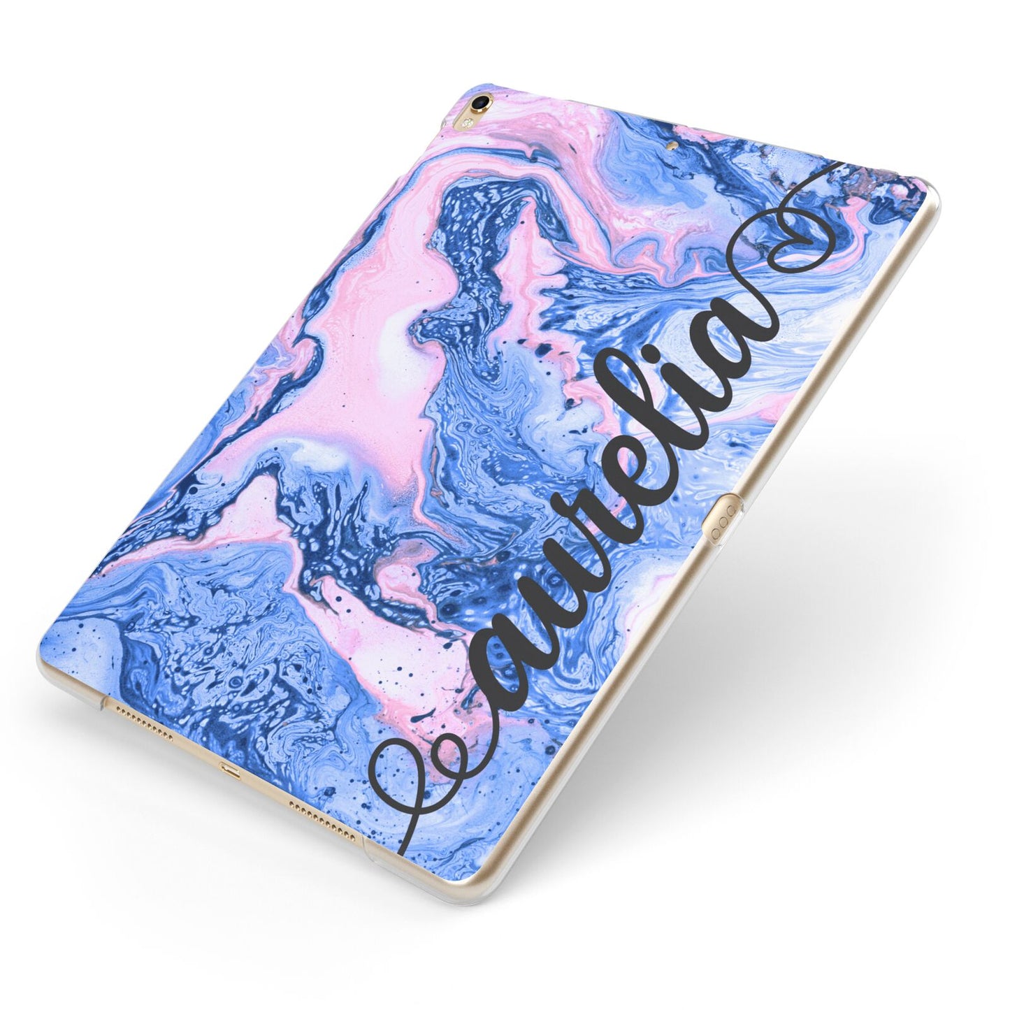 Ocean Blue and Pink Marble Apple iPad Case on Gold iPad Side View