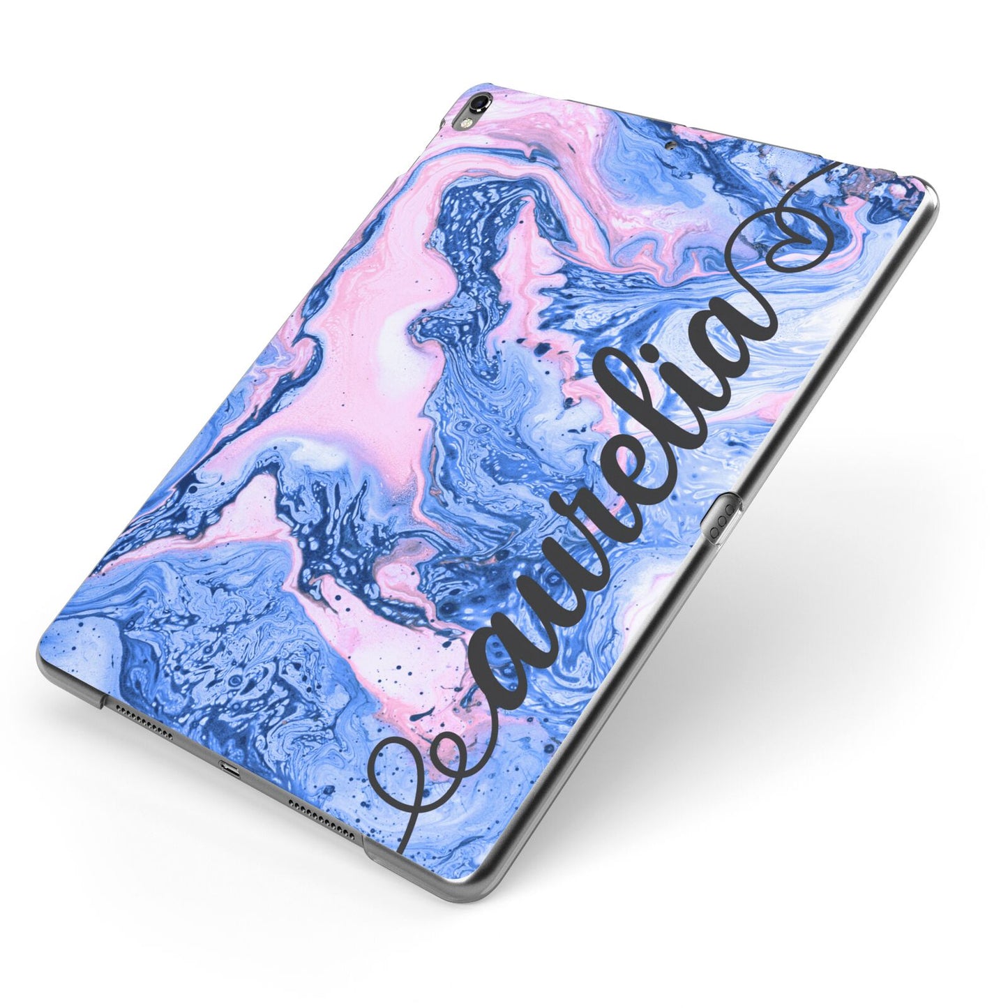 Ocean Blue and Pink Marble Apple iPad Case on Grey iPad Side View