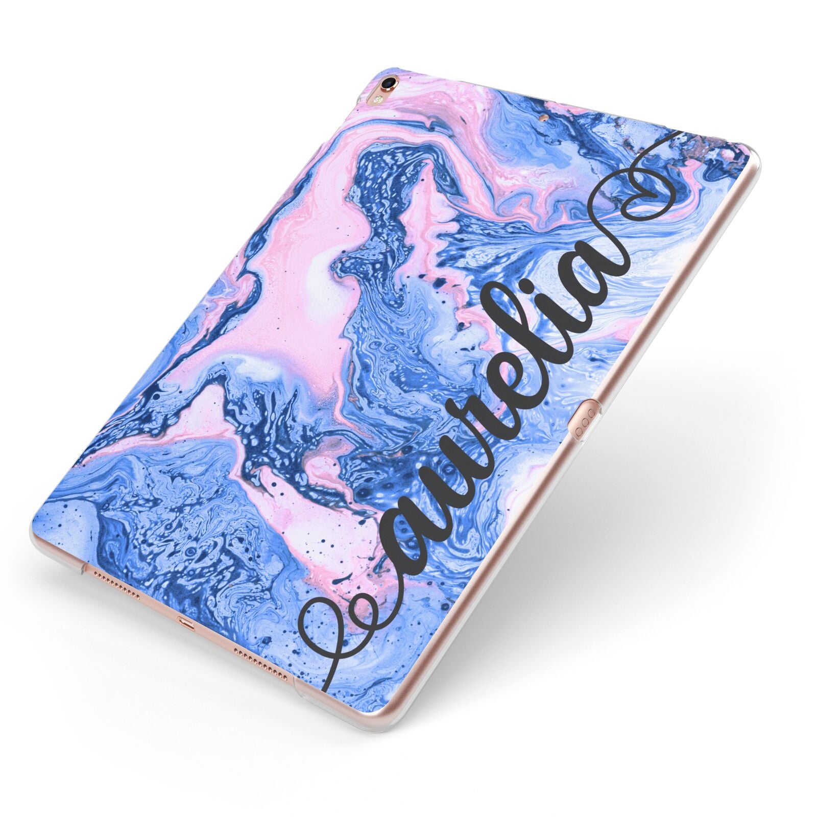Ocean Blue and Pink Marble Apple iPad Case on Rose Gold iPad Side View