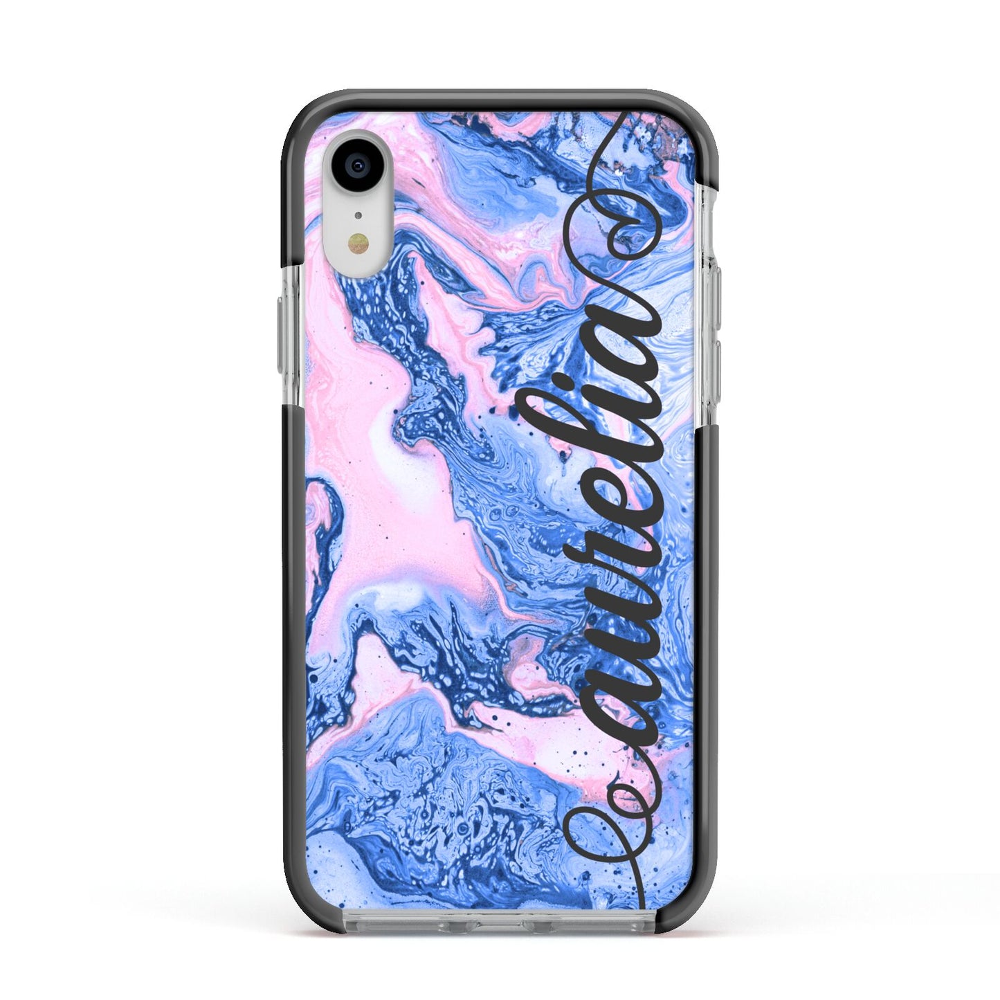 Ocean Blue and Pink Marble Apple iPhone XR Impact Case Black Edge on Silver Phone