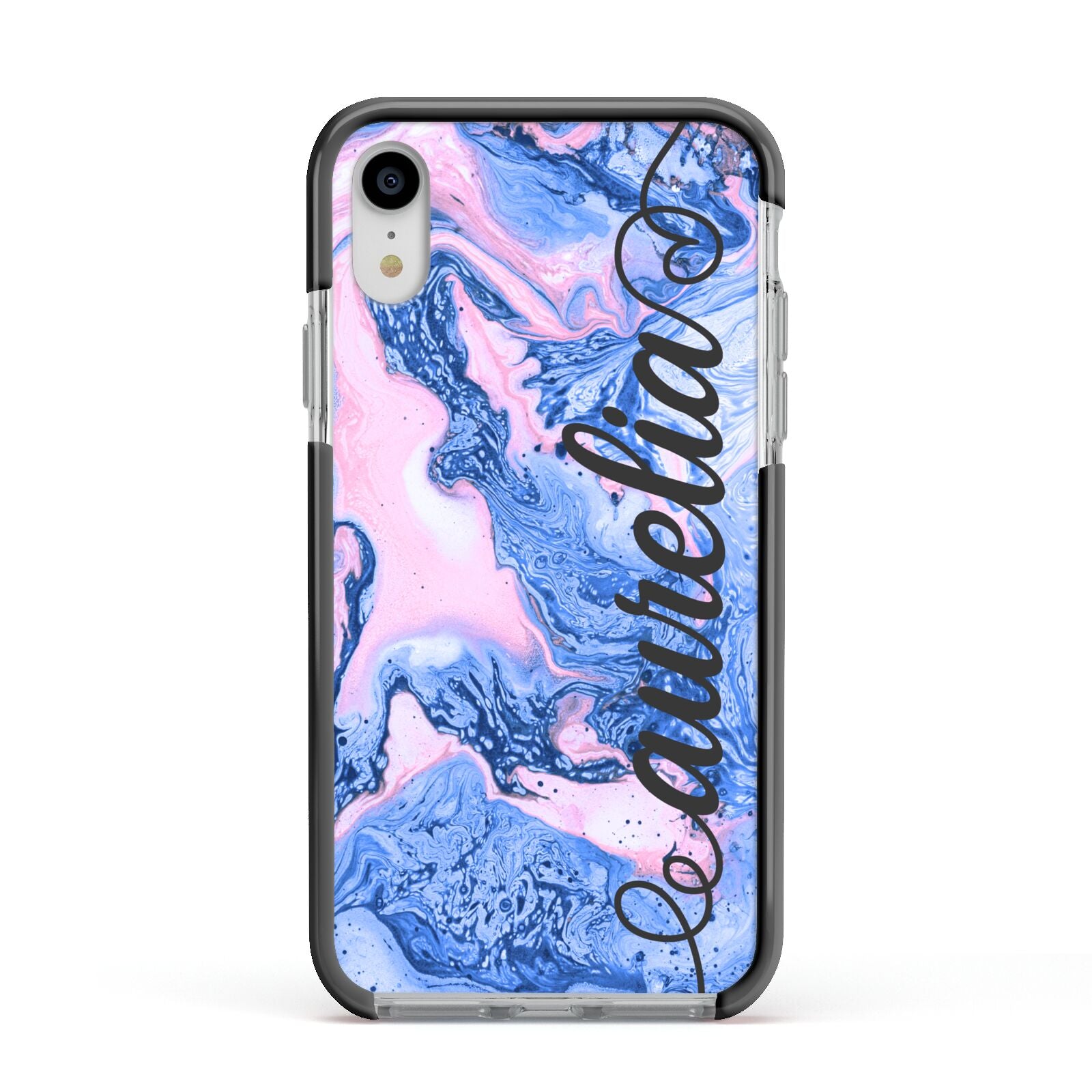 Ocean Blue and Pink Marble Apple iPhone XR Impact Case Black Edge on Silver Phone