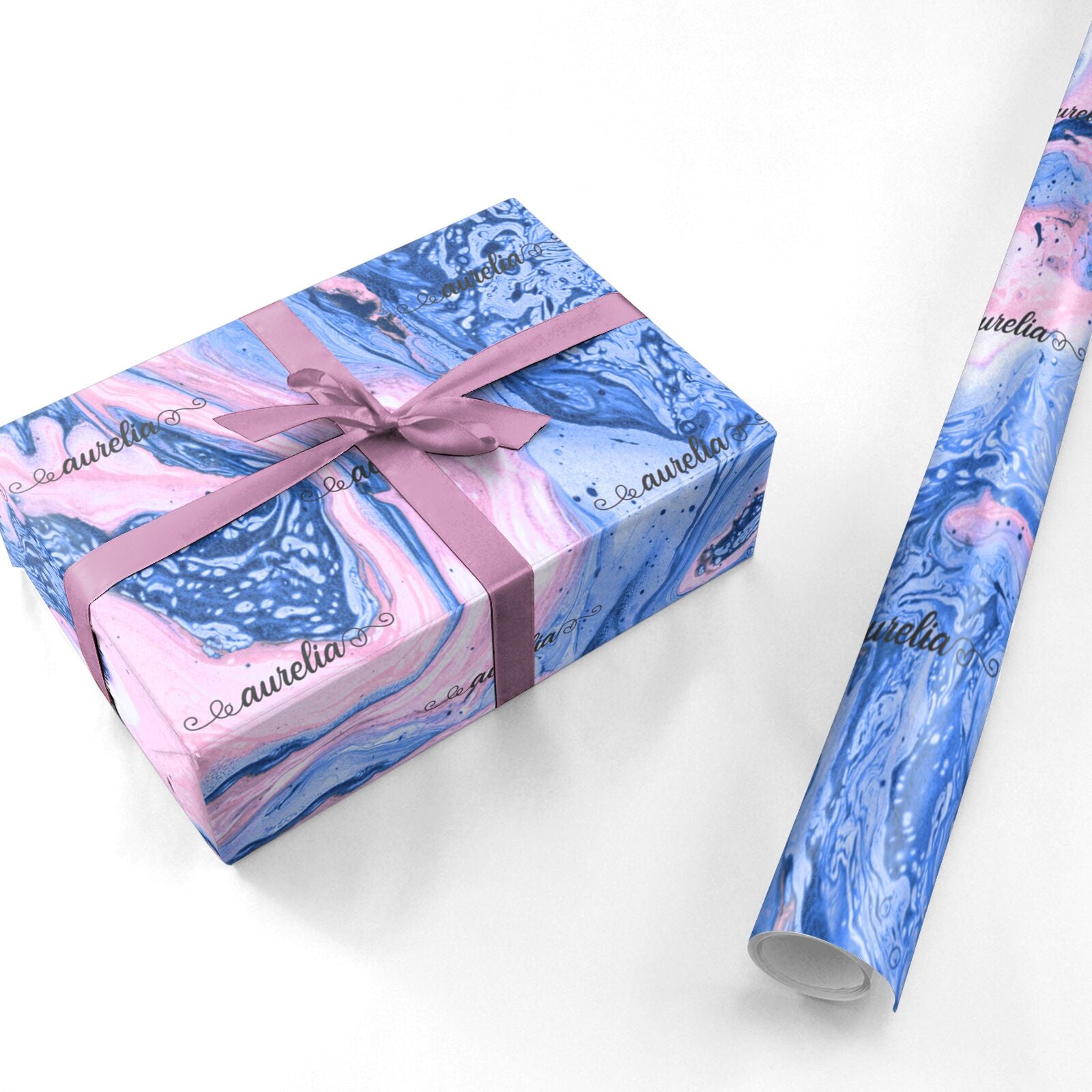 Ocean Blue and Pink Marble Personalised Wrapping Paper