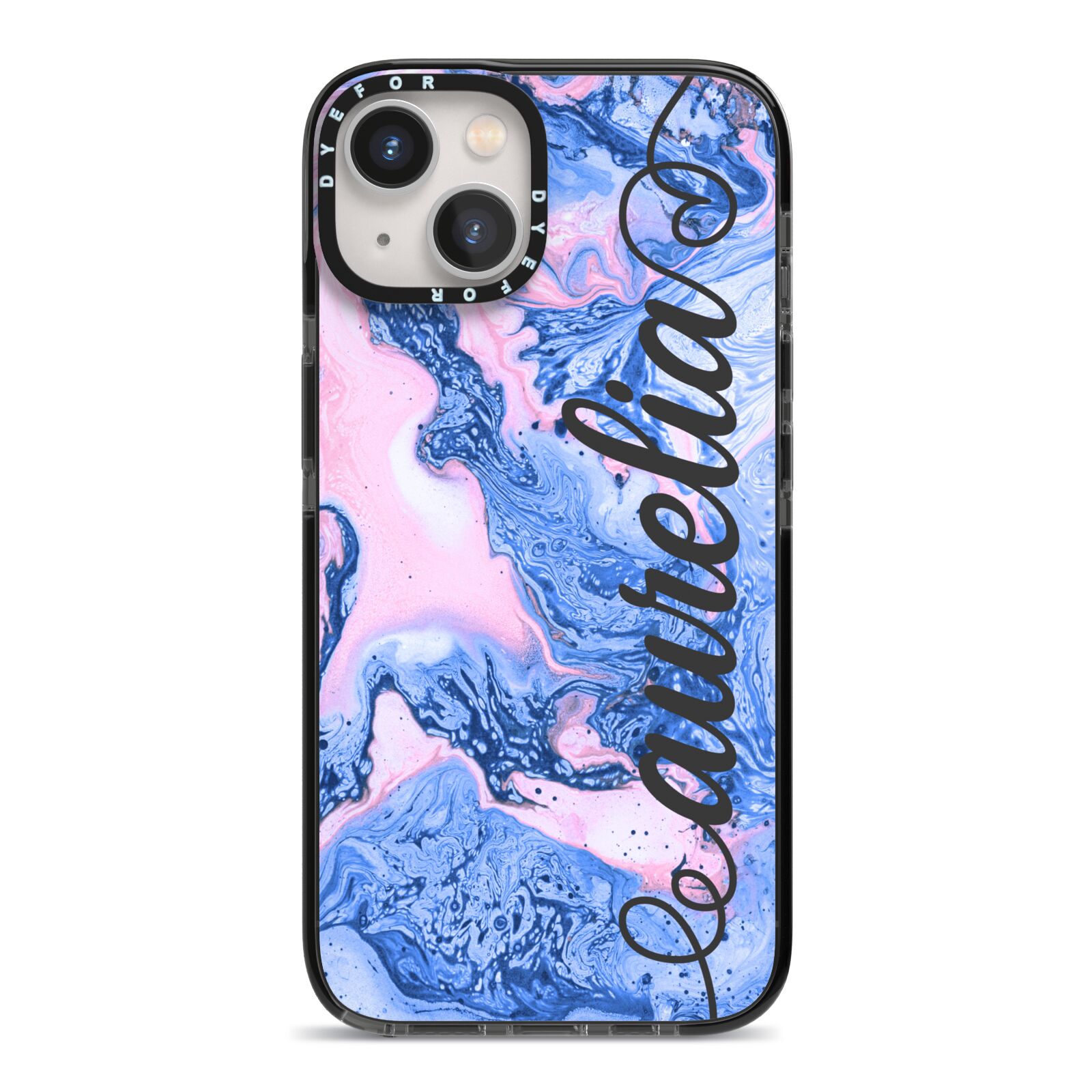 Ocean Blue and Pink Marble iPhone 13 Black Impact Case on Silver phone