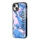 Ocean Blue and Pink Marble iPhone 14 Plus Black Impact Case Side Angle on Silver phone