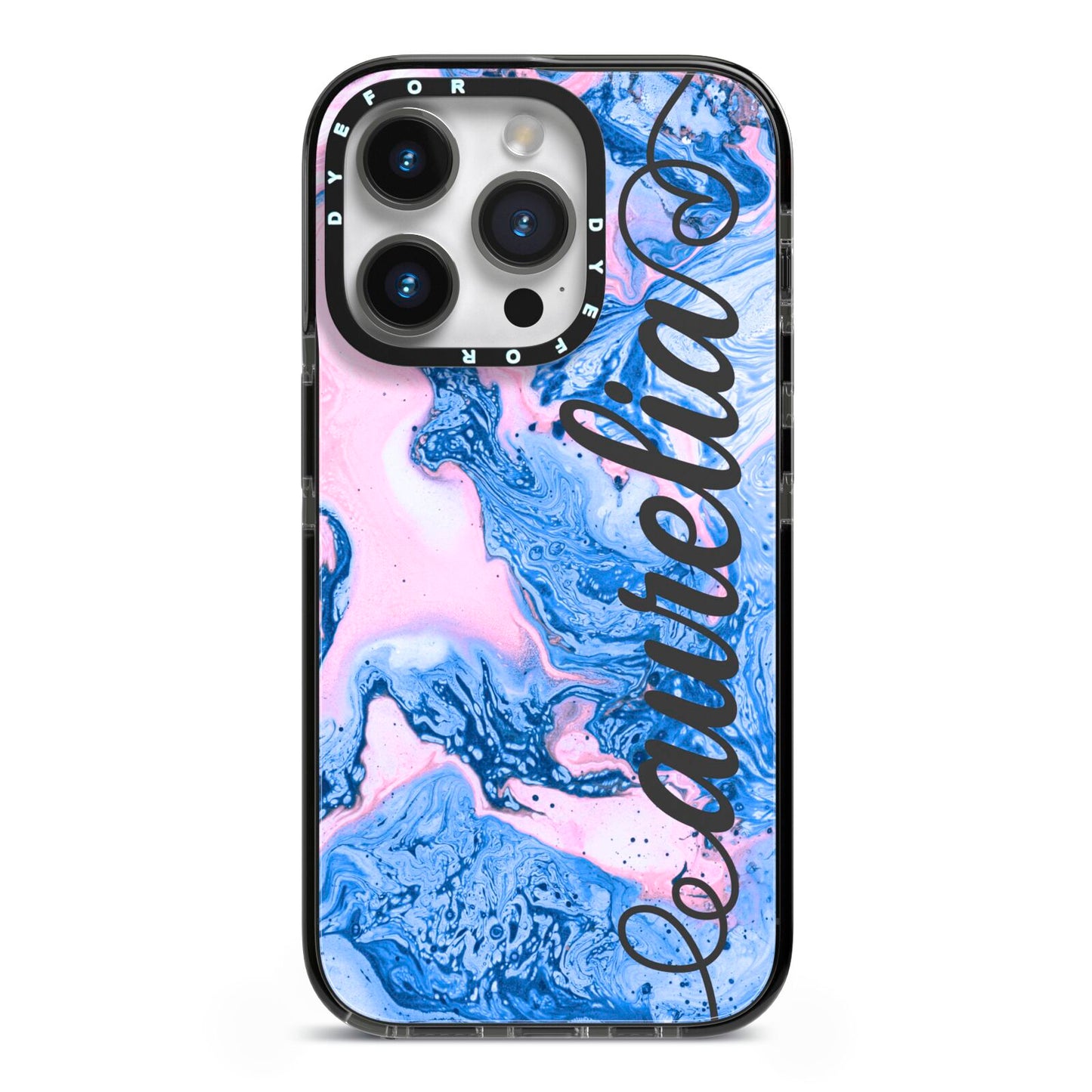 Ocean Blue and Pink Marble iPhone 14 Pro Black Impact Case on Silver phone
