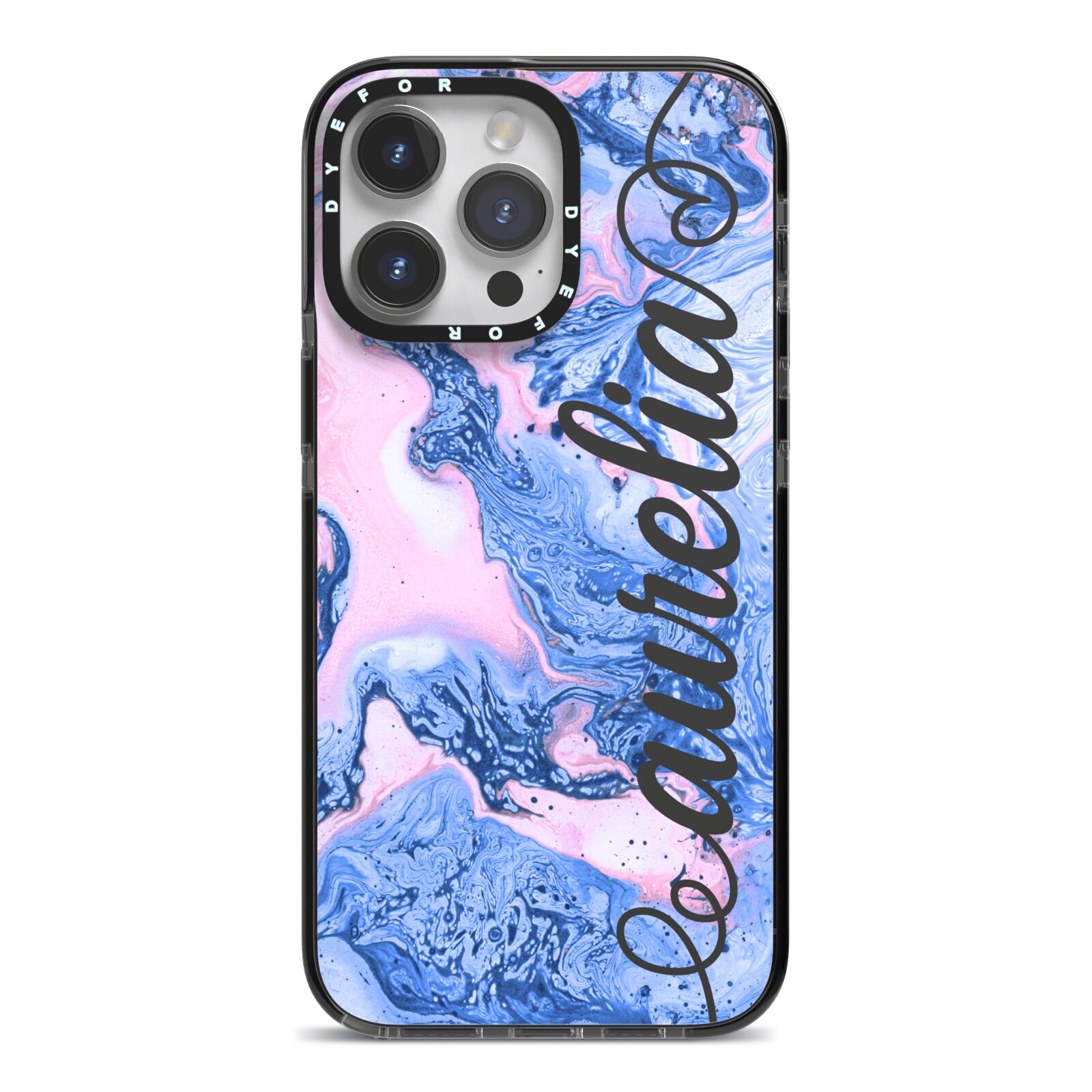 Ocean Blue and Pink Marble iPhone 14 Pro Max Black Impact Case on Silver phone