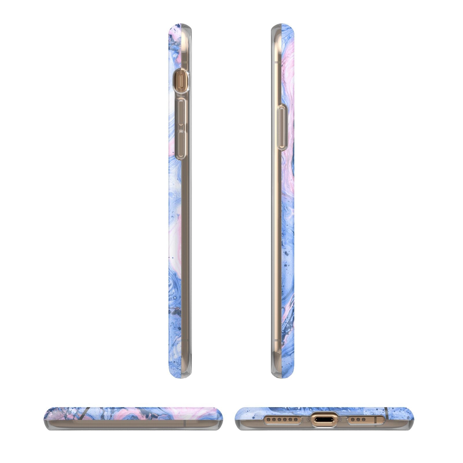 Ocean Blue and Pink Marble iPhone XS 3D Tough Case in Gold Angled Images