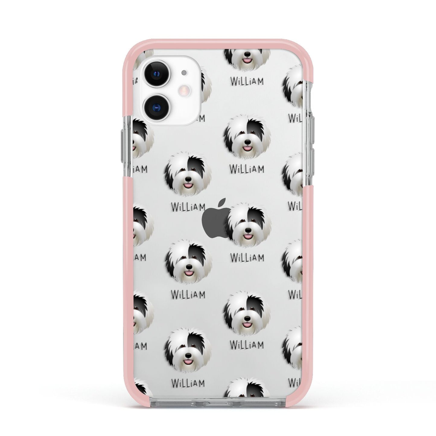 Old English Sheepdog Icon with Name Apple iPhone 11 in White with Pink Impact Case