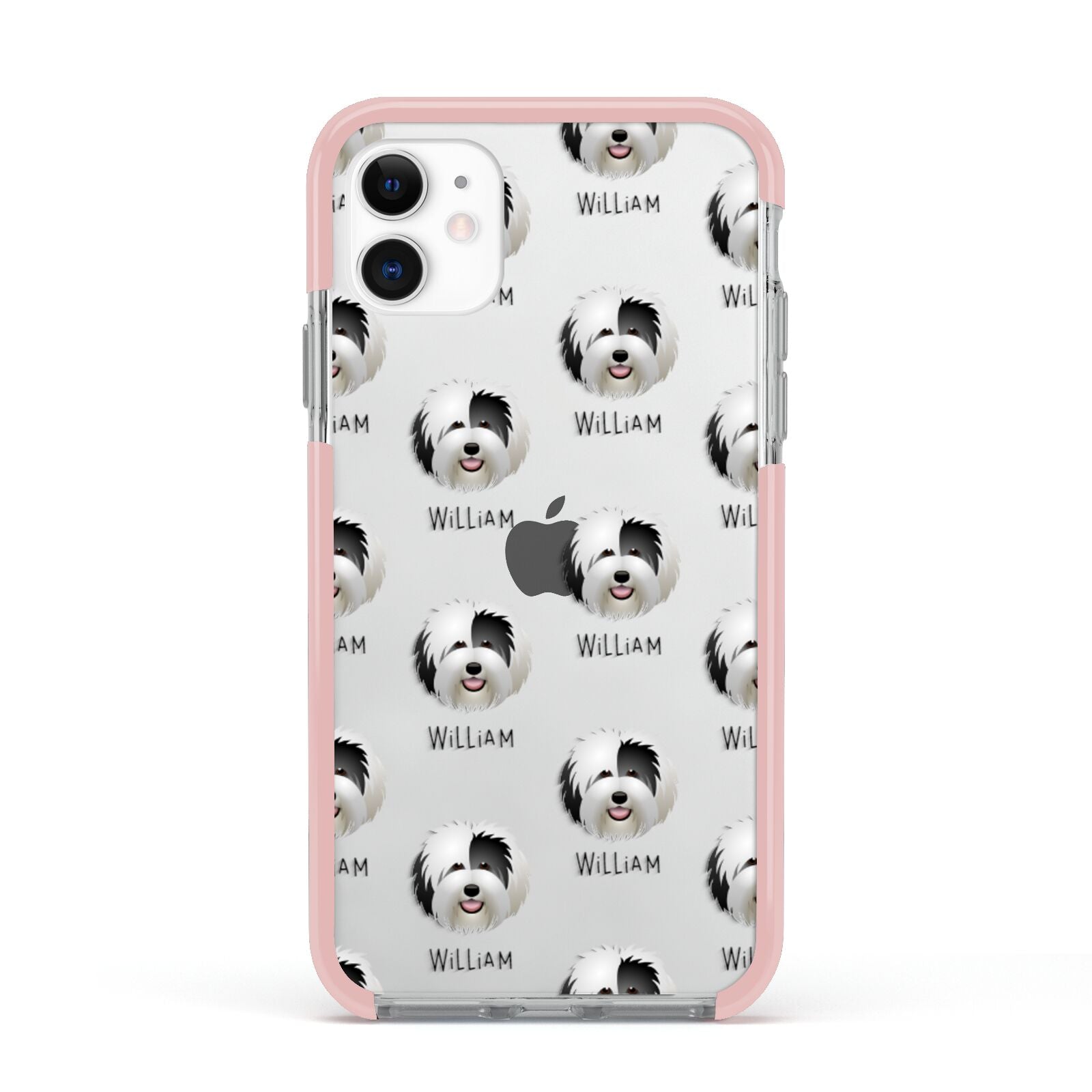 Old English Sheepdog Icon with Name Apple iPhone 11 in White with Pink Impact Case