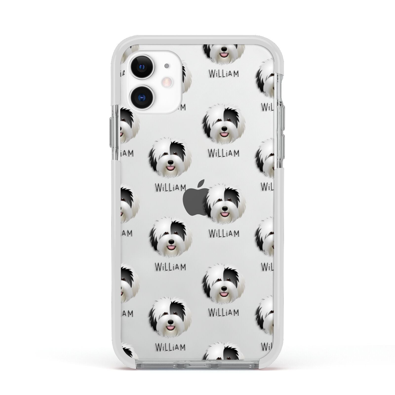 Old English Sheepdog Icon with Name Apple iPhone 11 in White with White Impact Case