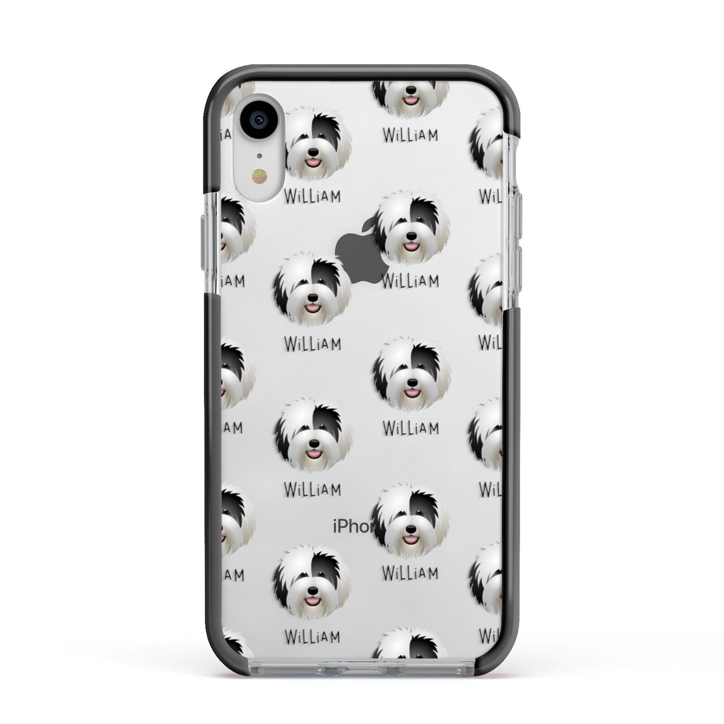 Old English Sheepdog Icon with Name Apple iPhone XR Impact Case Black Edge on Silver Phone