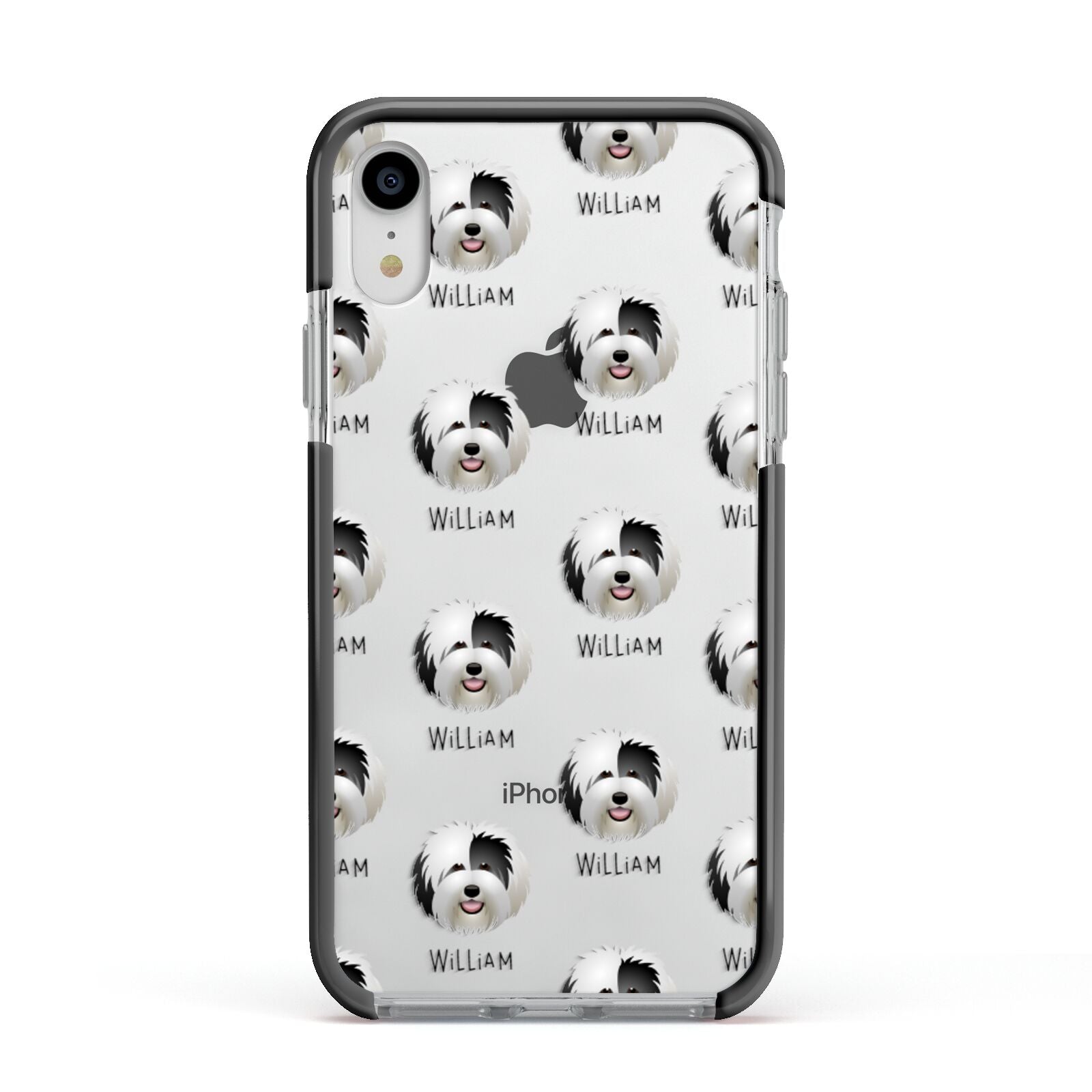 Old English Sheepdog Icon with Name Apple iPhone XR Impact Case Black Edge on Silver Phone