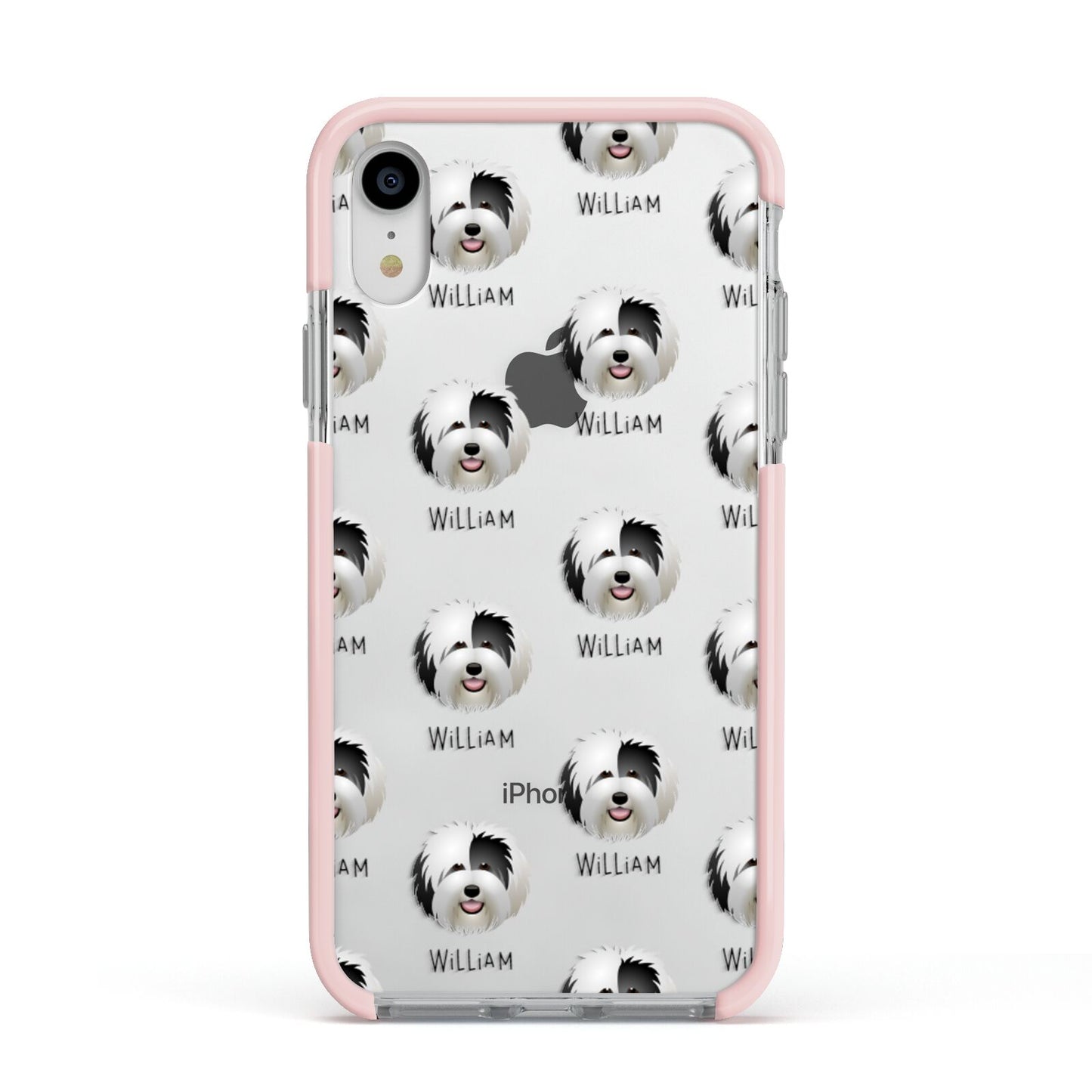 Old English Sheepdog Icon with Name Apple iPhone XR Impact Case Pink Edge on Silver Phone