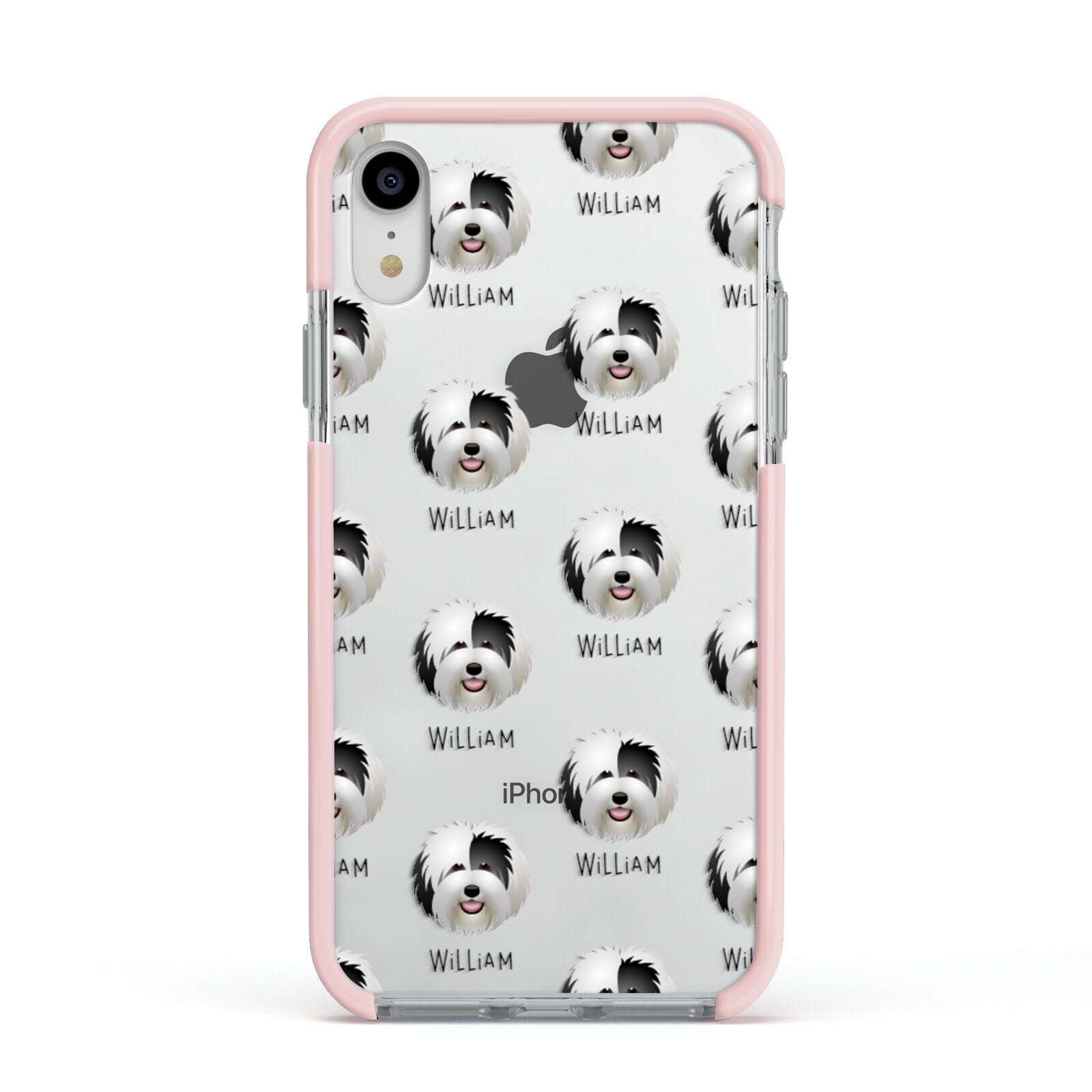 Old English Sheepdog Icon with Name Apple iPhone XR Impact Case Pink Edge on Silver Phone
