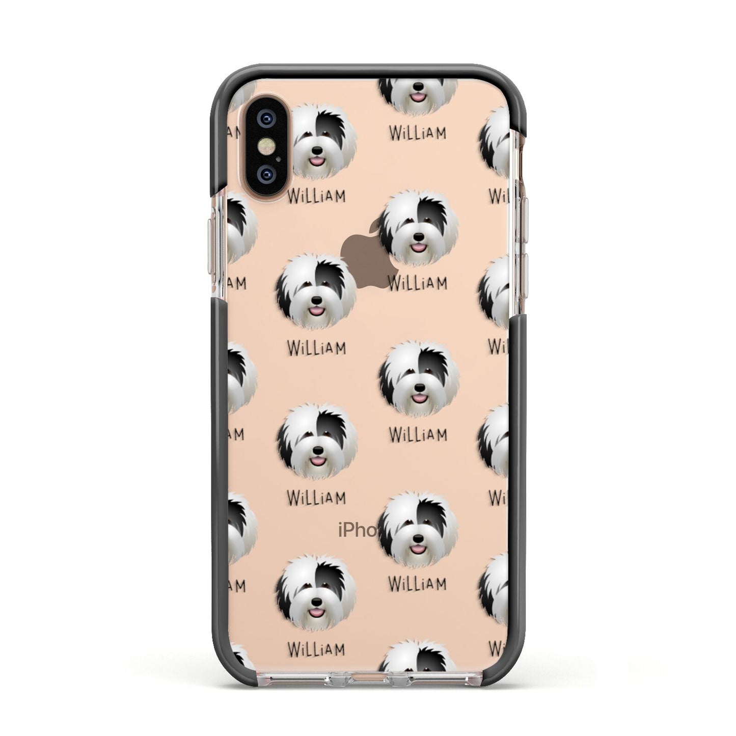 Old English Sheepdog Icon with Name Apple iPhone Xs Impact Case Black Edge on Gold Phone