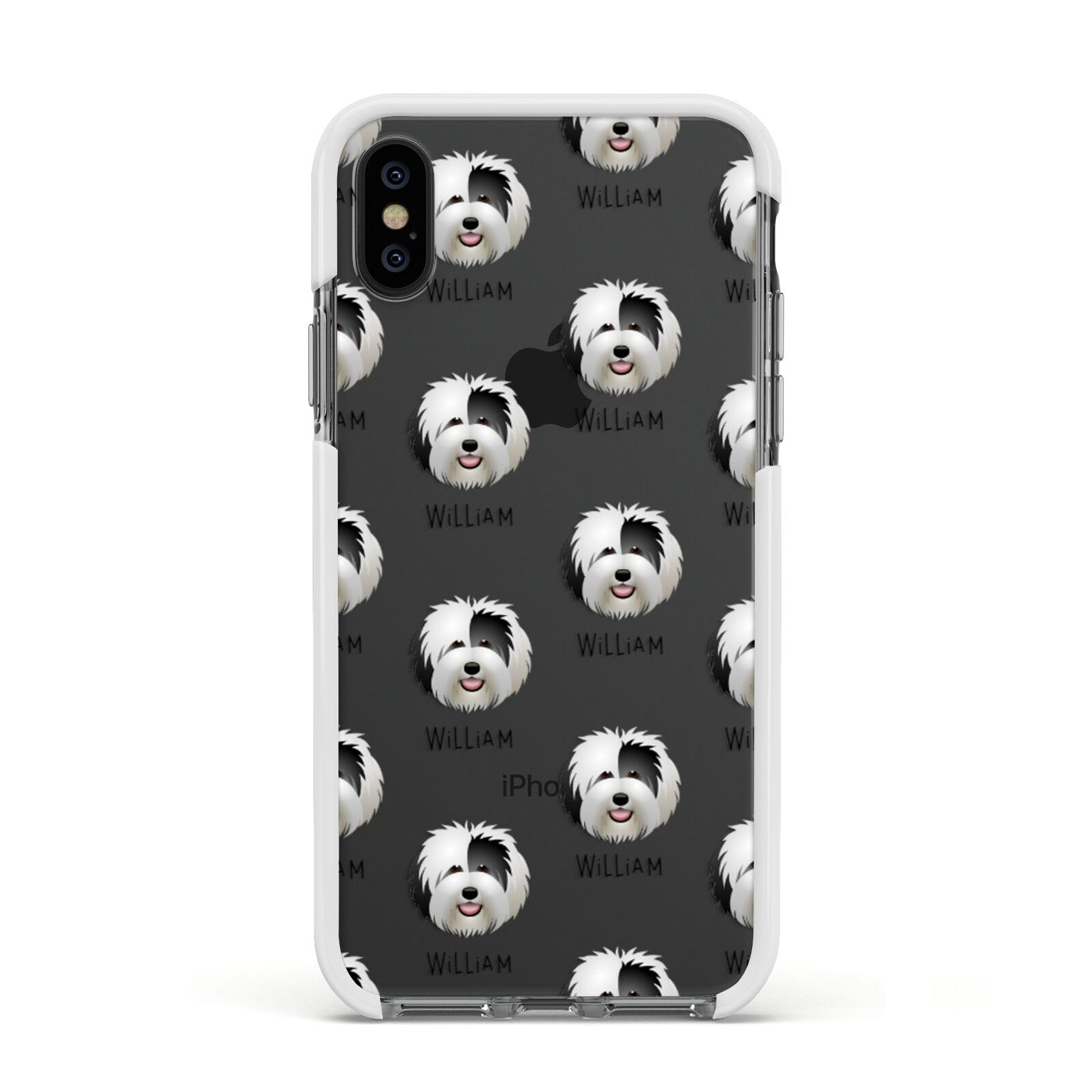 Old English Sheepdog Icon with Name Apple iPhone Xs Impact Case White Edge on Black Phone