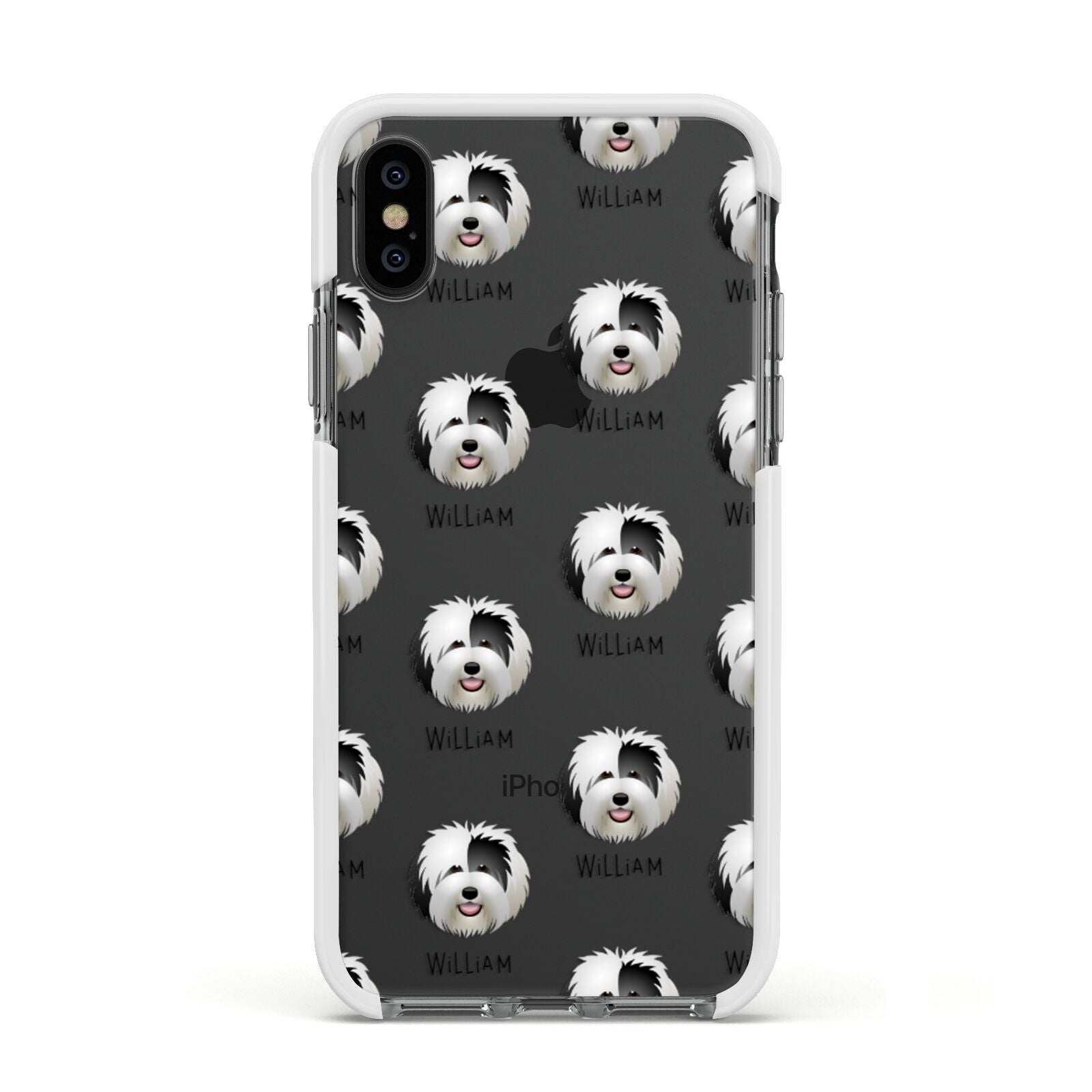 Old English Sheepdog Icon with Name Apple iPhone Xs Impact Case White Edge on Black Phone