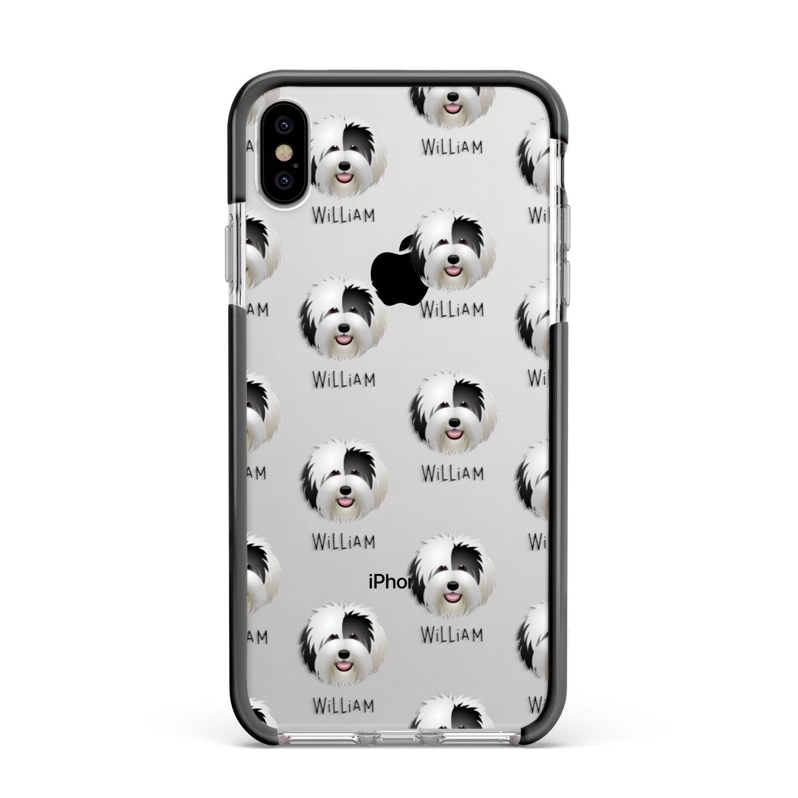 Old English Sheepdog Icon with Name Apple iPhone Xs Max Impact Case Black Edge on Silver Phone