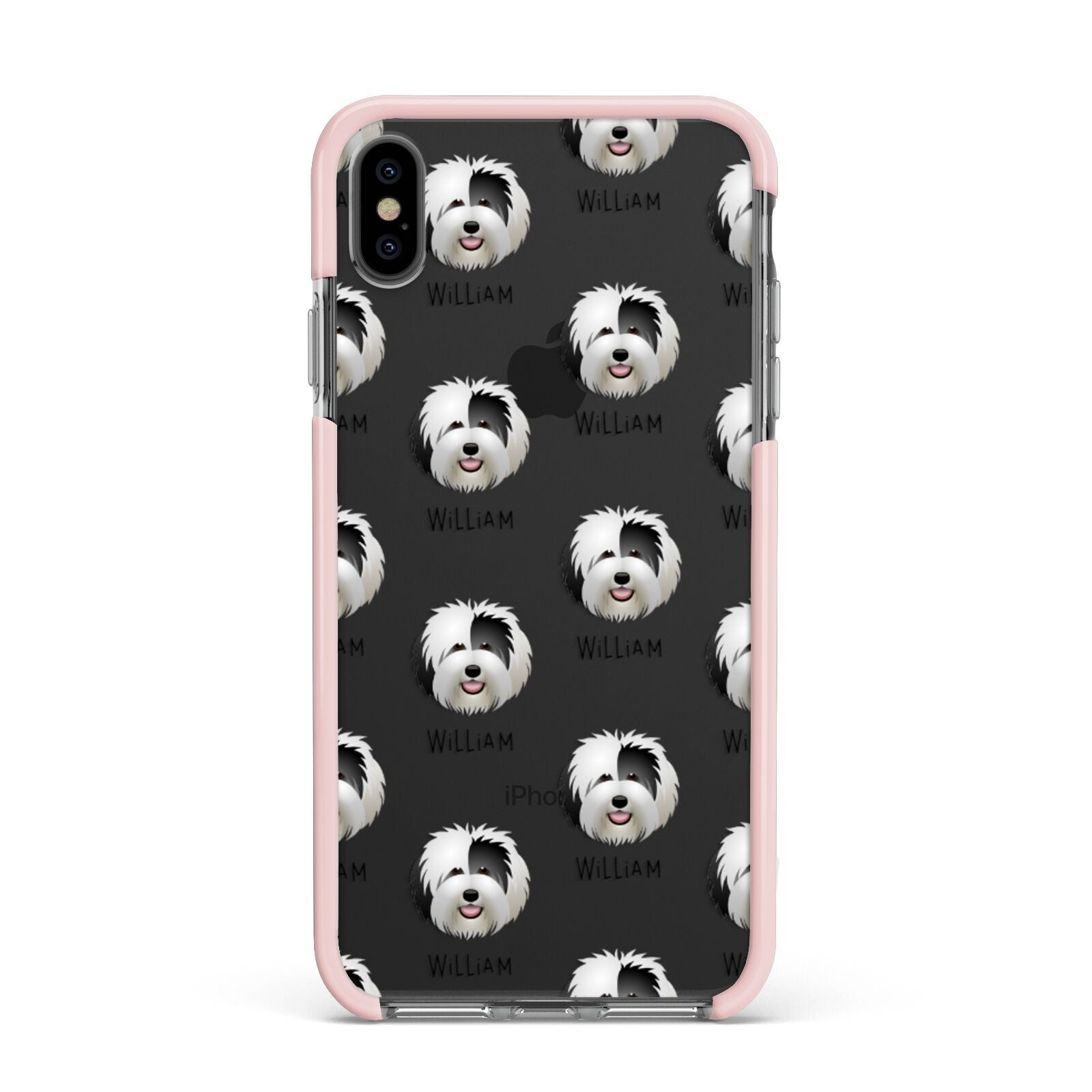 Old English Sheepdog Icon with Name Apple iPhone Xs Max Impact Case Pink Edge on Black Phone