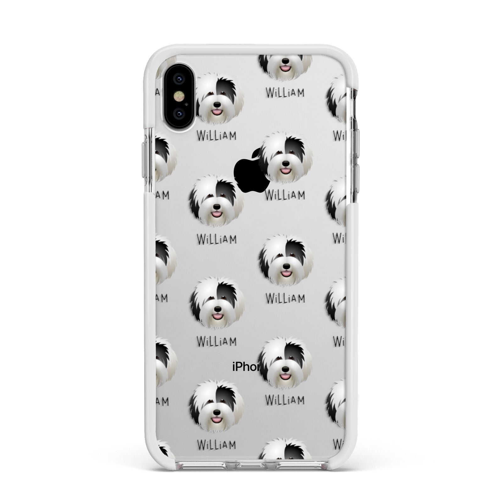 Old English Sheepdog Icon with Name Apple iPhone Xs Max Impact Case White Edge on Silver Phone