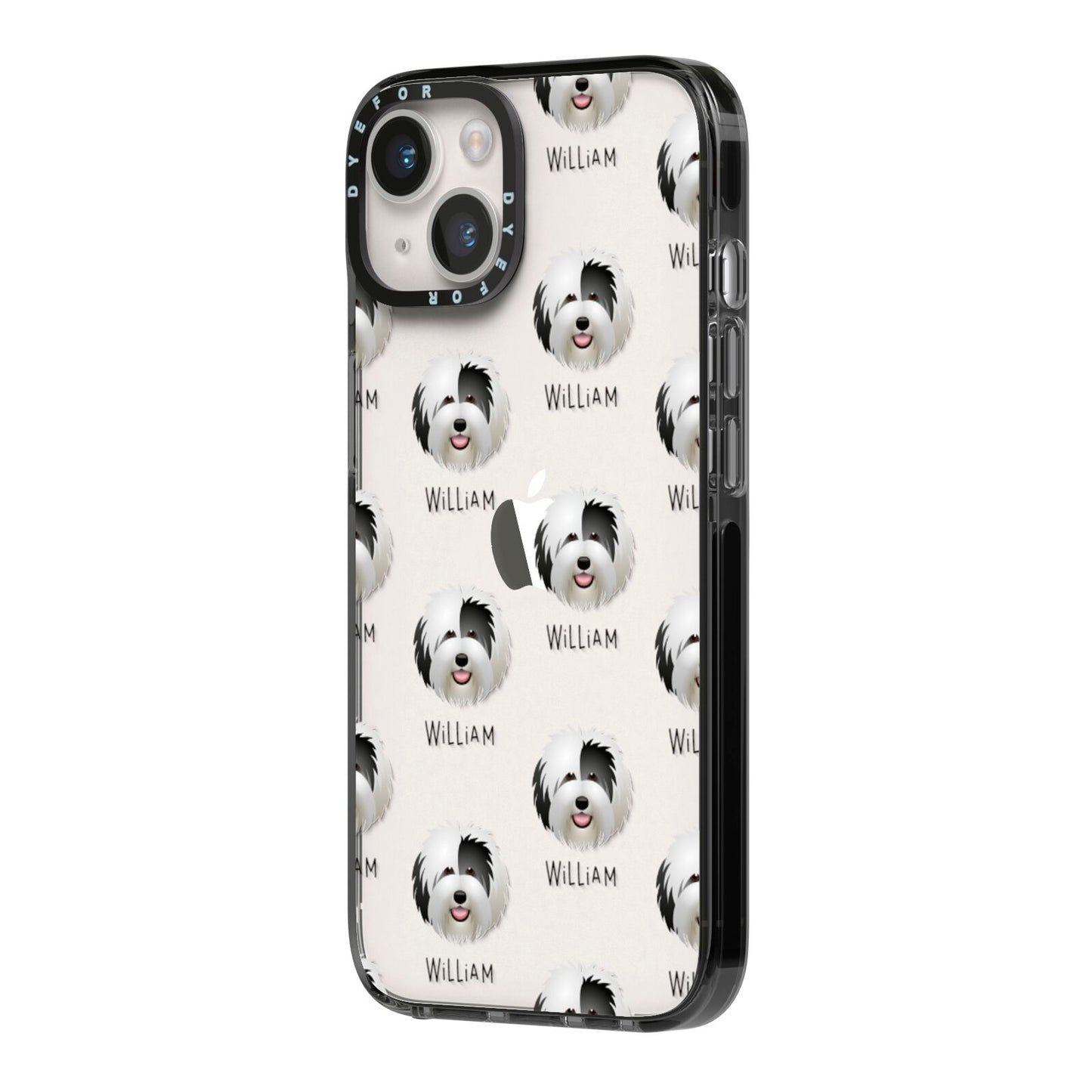 Old English Sheepdog Icon with Name iPhone 14 Black Impact Case Side Angle on Silver phone