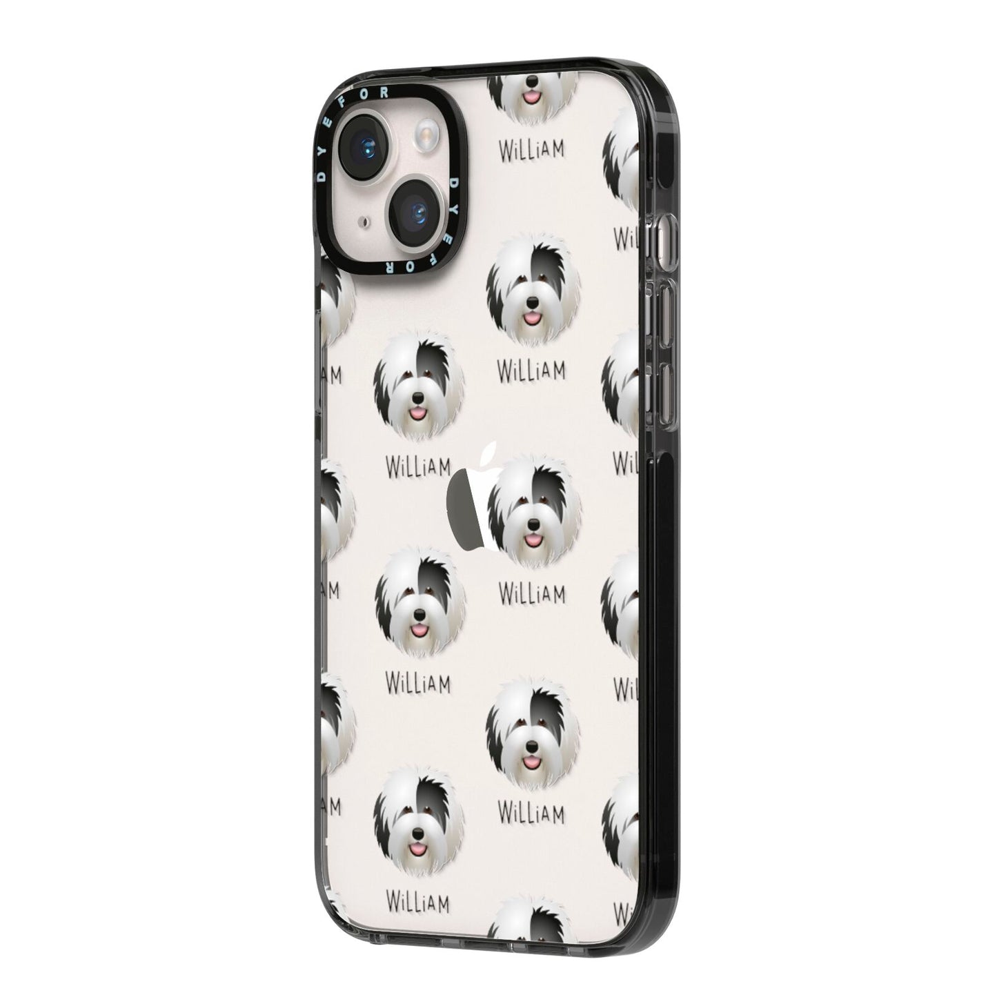 Old English Sheepdog Icon with Name iPhone 14 Plus Black Impact Case Side Angle on Silver phone