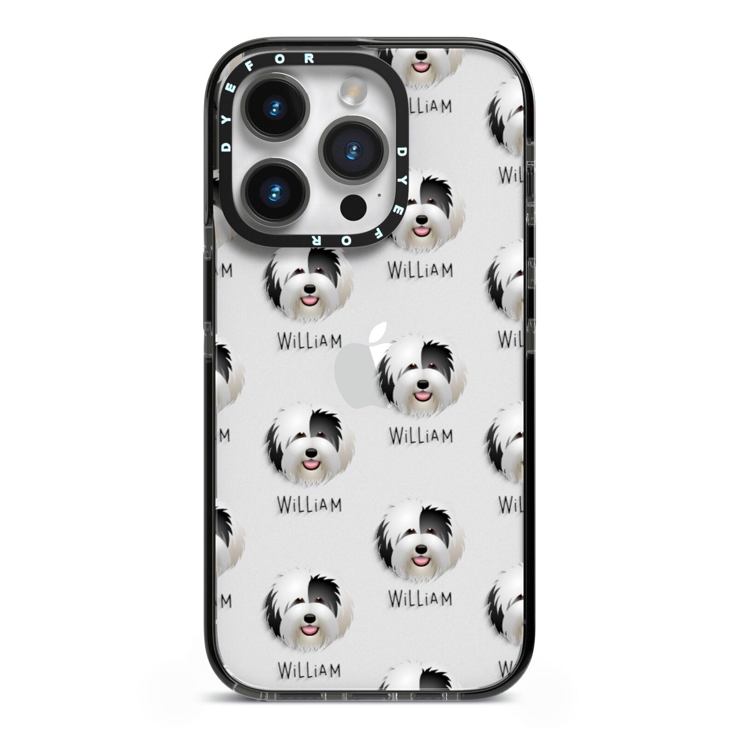 Old English Sheepdog Icon with Name iPhone 14 Pro Black Impact Case on Silver phone