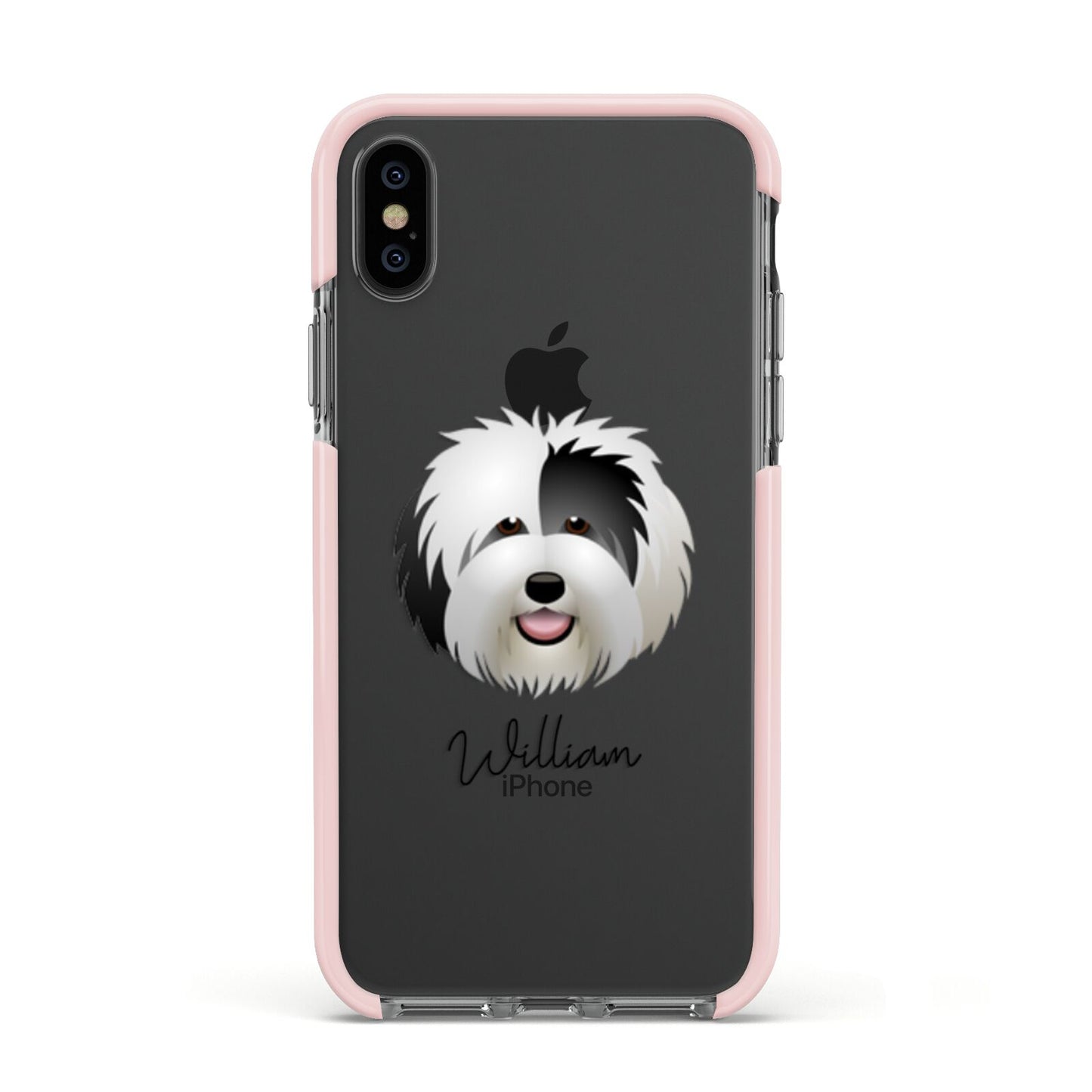 Old English Sheepdog Personalised Apple iPhone Xs Impact Case Pink Edge on Black Phone
