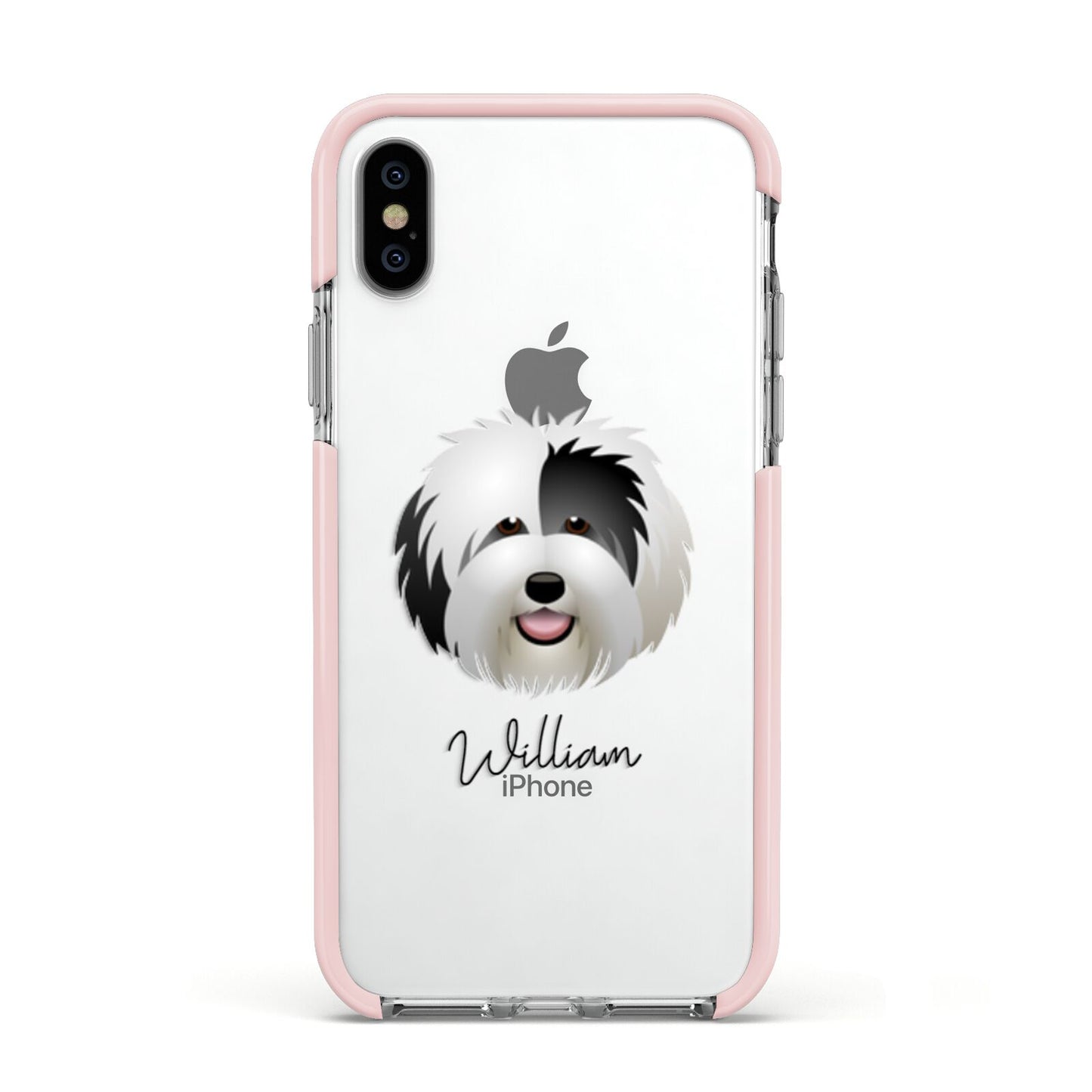 Old English Sheepdog Personalised Apple iPhone Xs Impact Case Pink Edge on Silver Phone