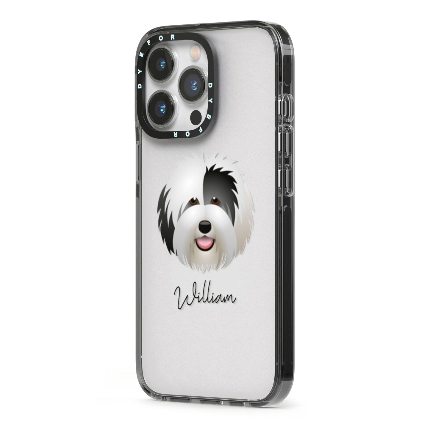 Old English Sheepdog Personalised iPhone 13 Pro Black Impact Case Side Angle on Silver phone