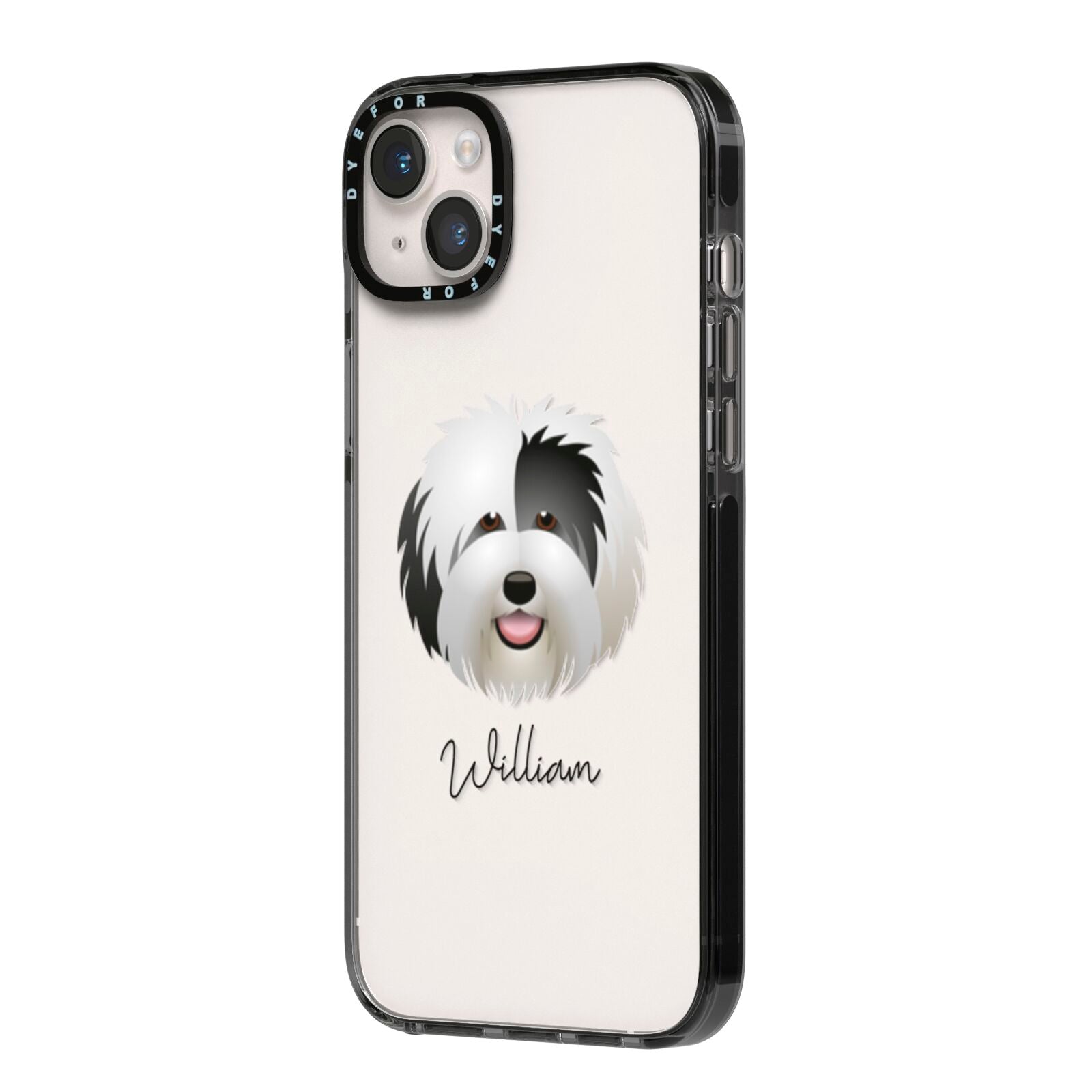 Old English Sheepdog Personalised iPhone 14 Plus Black Impact Case Side Angle on Silver phone