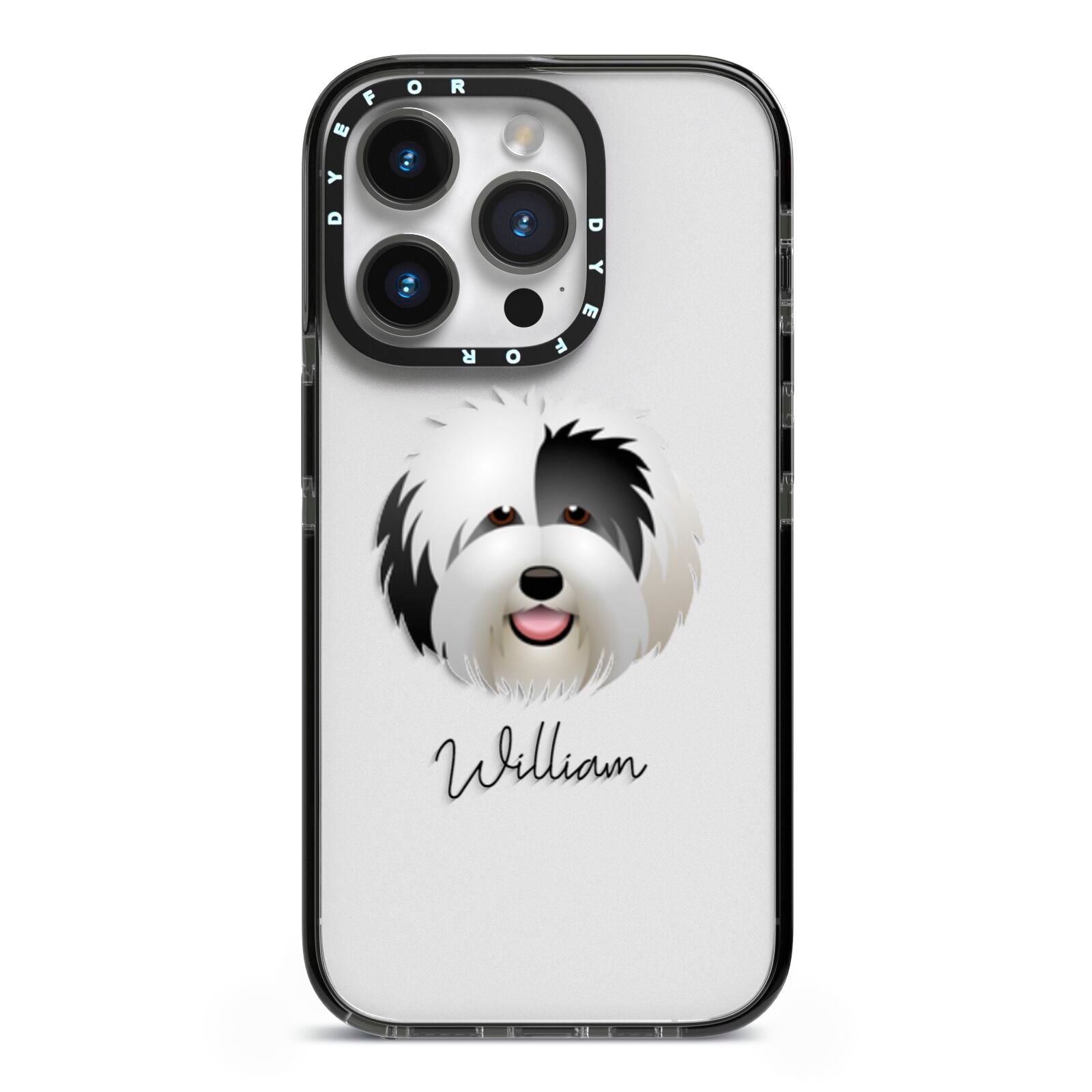 Old English Sheepdog Personalised iPhone 14 Pro Black Impact Case on Silver phone