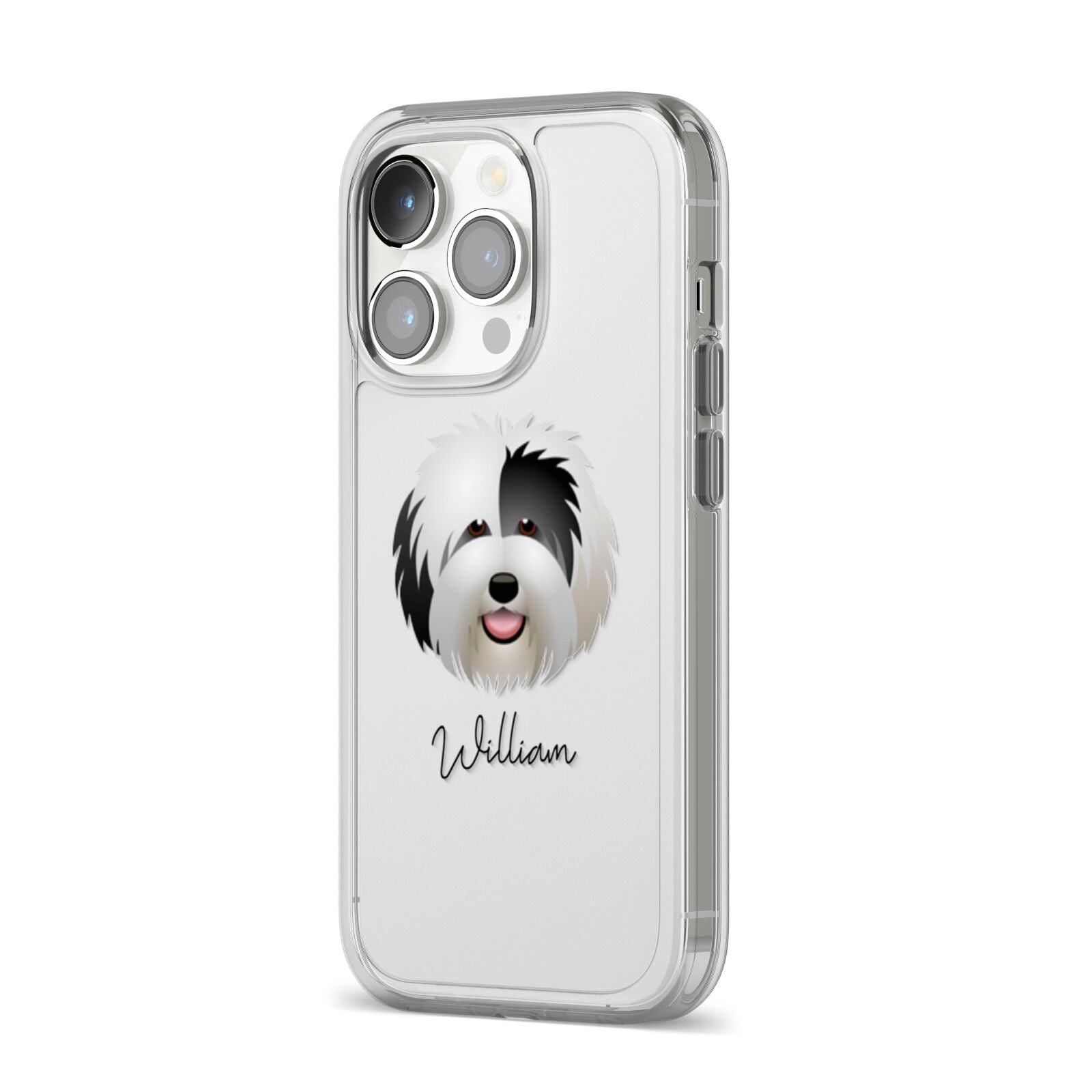 Old English Sheepdog Personalised iPhone 14 Pro Clear Tough Case Silver Angled Image