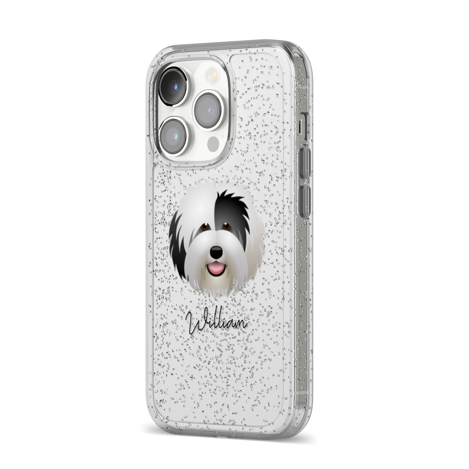Old English Sheepdog Personalised iPhone 14 Pro Glitter Tough Case Silver Angled Image