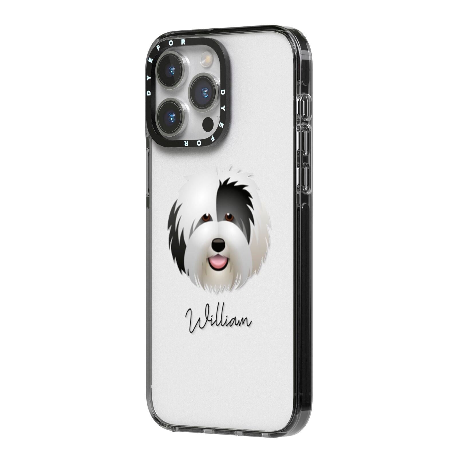 Old English Sheepdog Personalised iPhone 14 Pro Max Black Impact Case Side Angle on Silver phone
