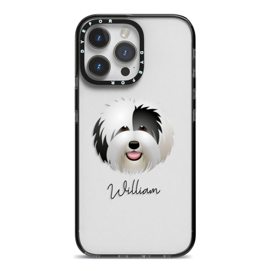 Old English Sheepdog Personalised iPhone 14 Pro Max Black Impact Case on Silver phone