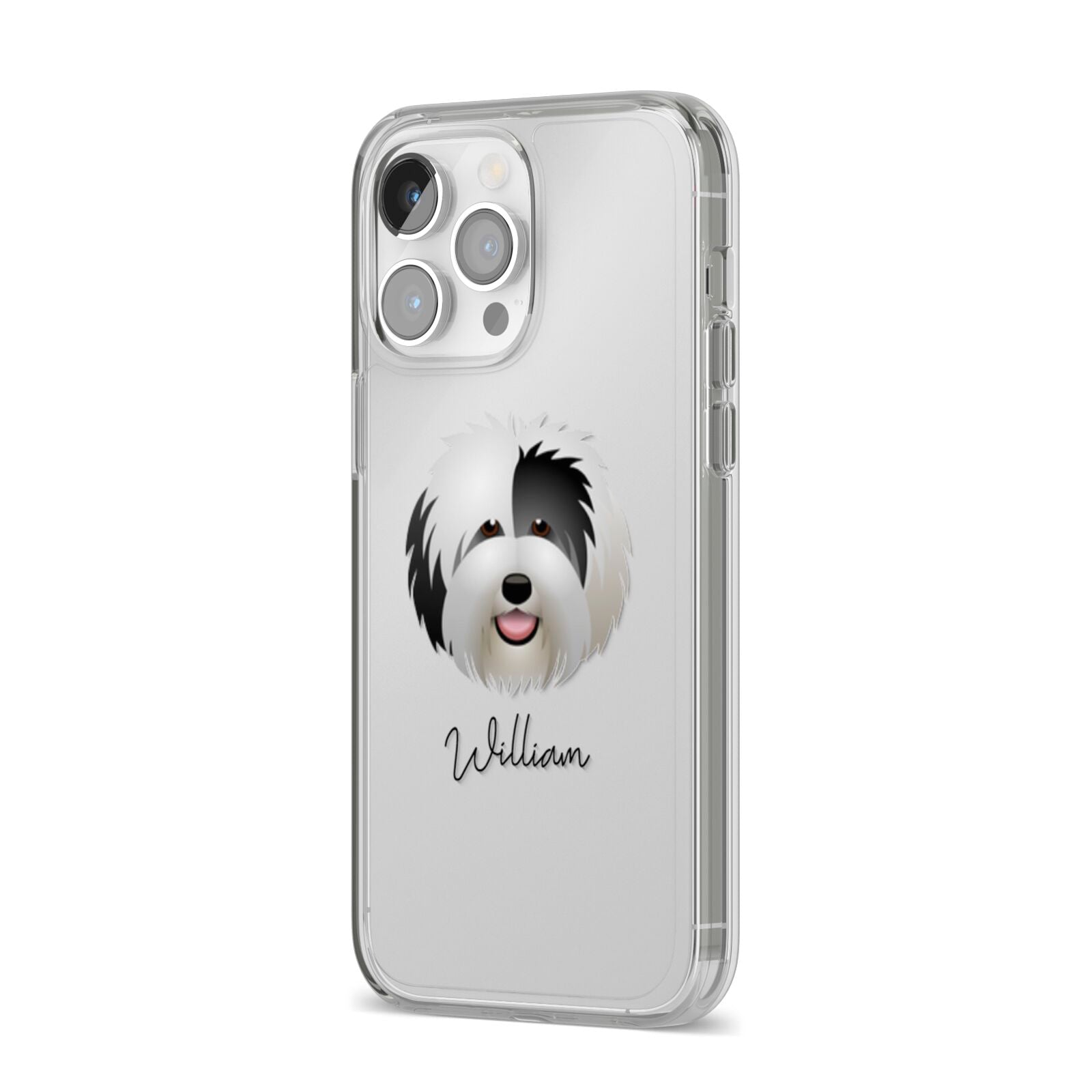 Old English Sheepdog Personalised iPhone 14 Pro Max Clear Tough Case Silver Angled Image