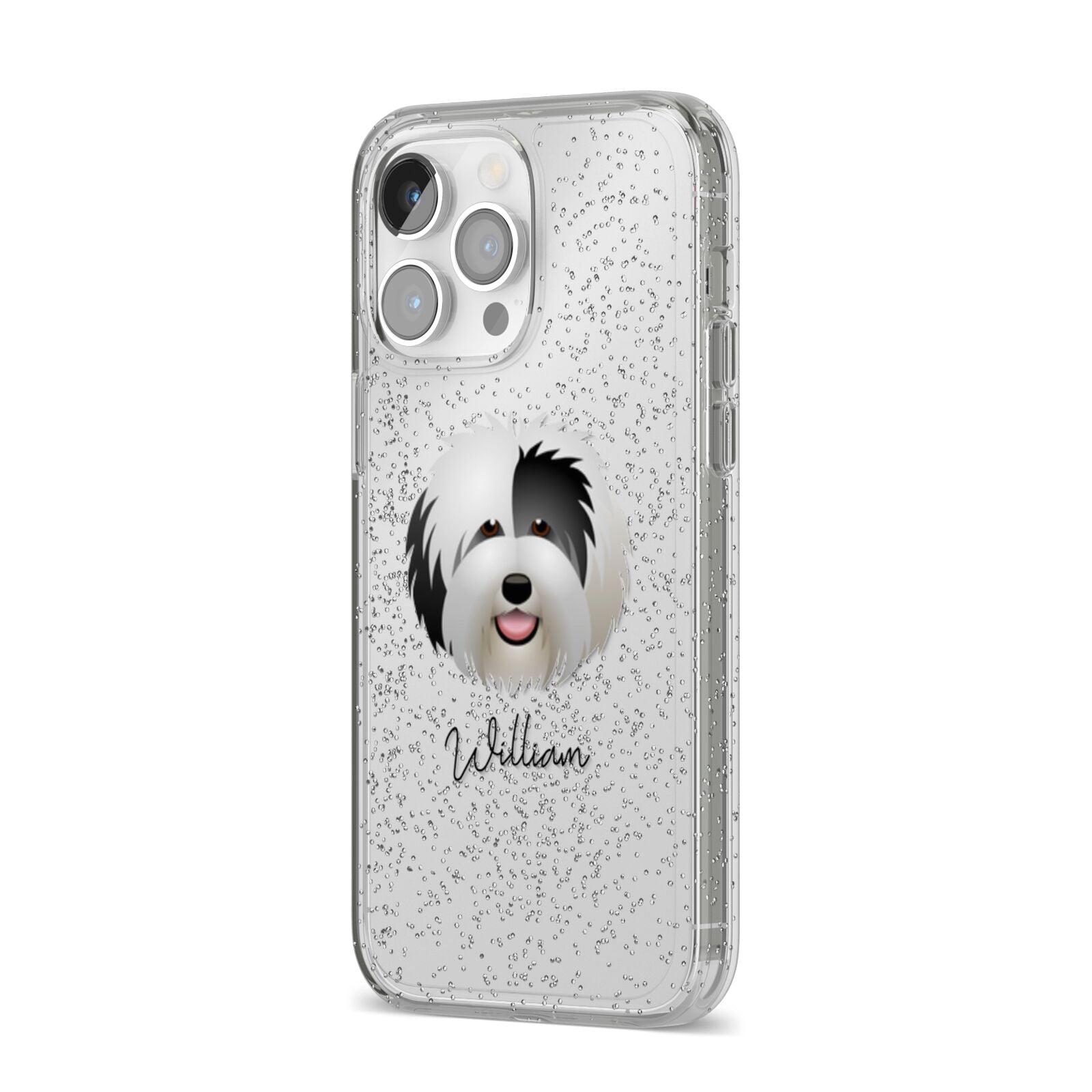 Old English Sheepdog Personalised iPhone 14 Pro Max Glitter Tough Case Silver Angled Image