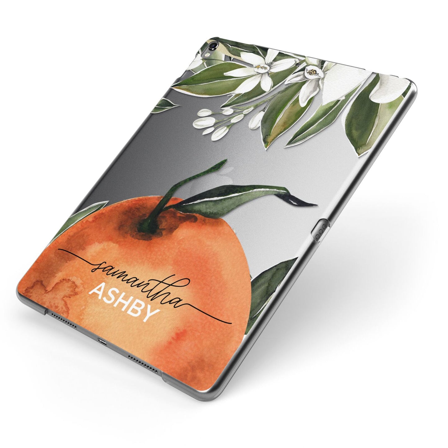 Orange Blossom Personalised Name Apple iPad Case on Grey iPad Side View