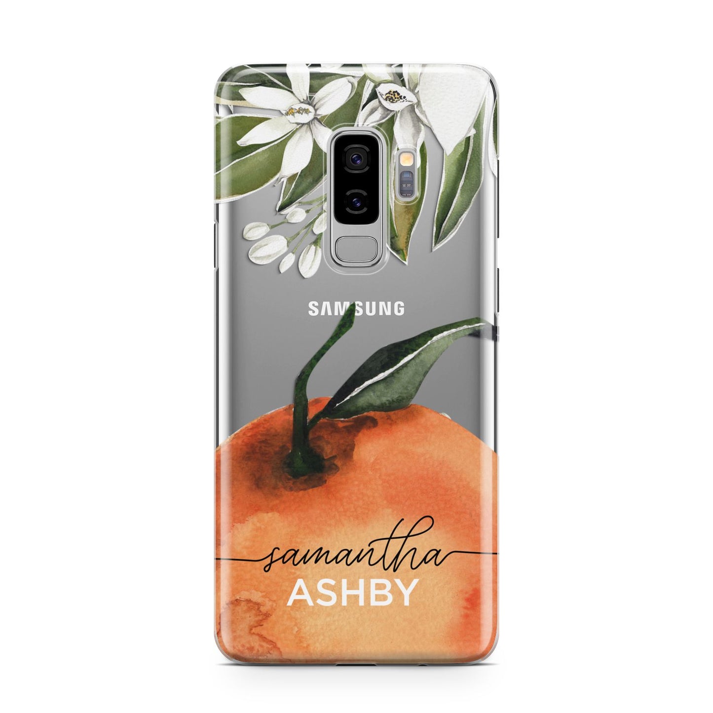 Orange Blossom Personalised Name Samsung Galaxy S9 Plus Case on Silver phone