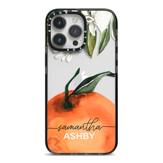 Orange Blossom Personalised Name iPhone 14 Pro Max Black Impact Case on Silver phone