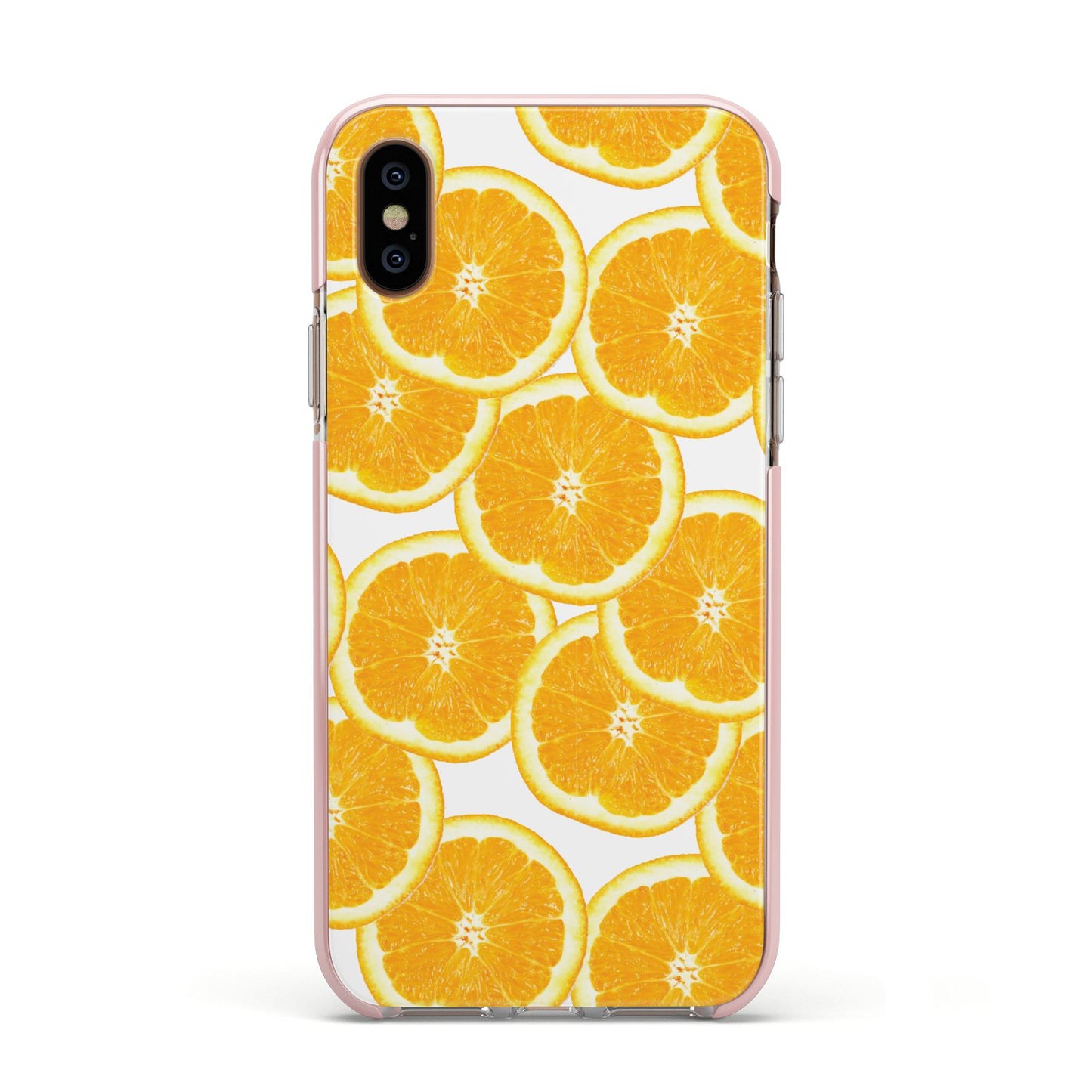 Orange Fruit Slices Apple iPhone Xs Impact Case Pink Edge on Gold Phone