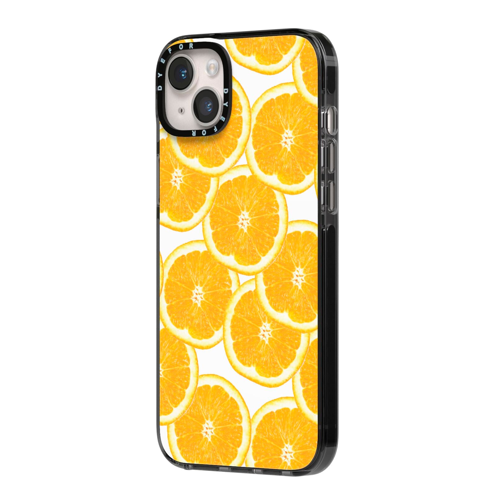 Orange Fruit Slices iPhone 14 Plus Black Impact Case Side Angle on Silver phone