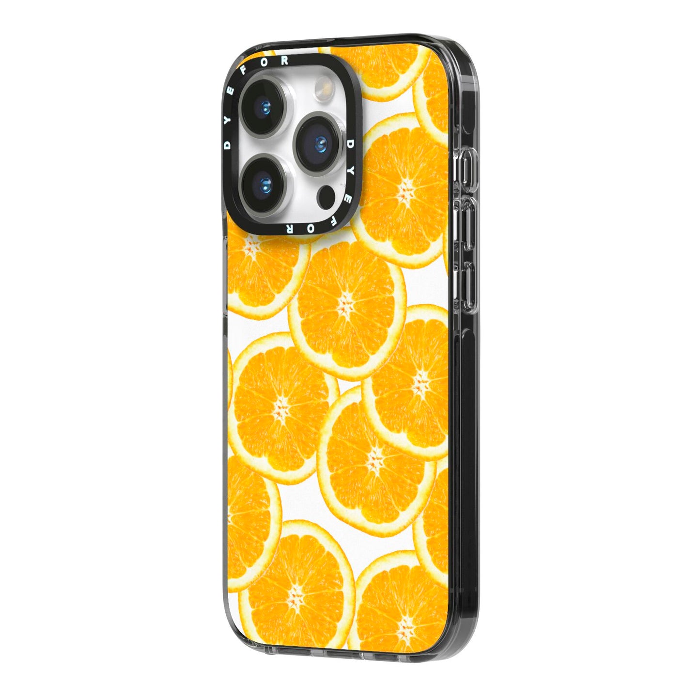 Orange Fruit Slices iPhone 14 Pro Black Impact Case Side Angle on Silver phone