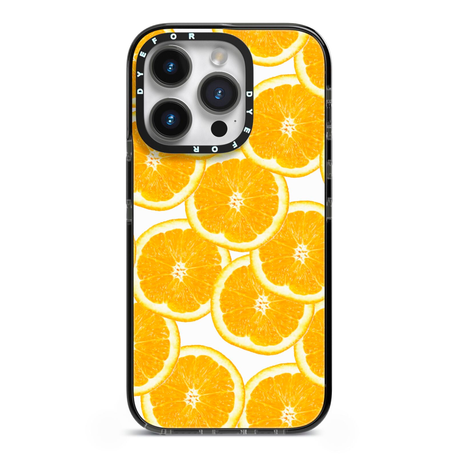 Orange Fruit Slices iPhone 14 Pro Black Impact Case on Silver phone