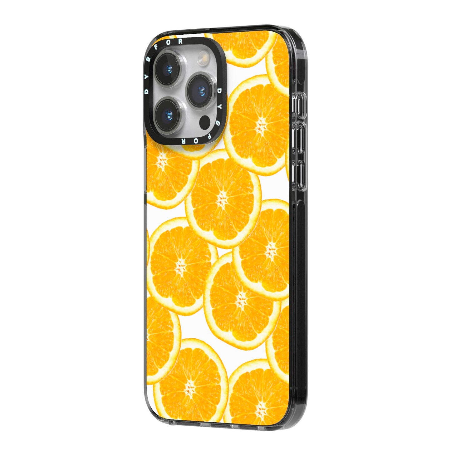 Orange Fruit Slices iPhone 14 Pro Max Black Impact Case Side Angle on Silver phone