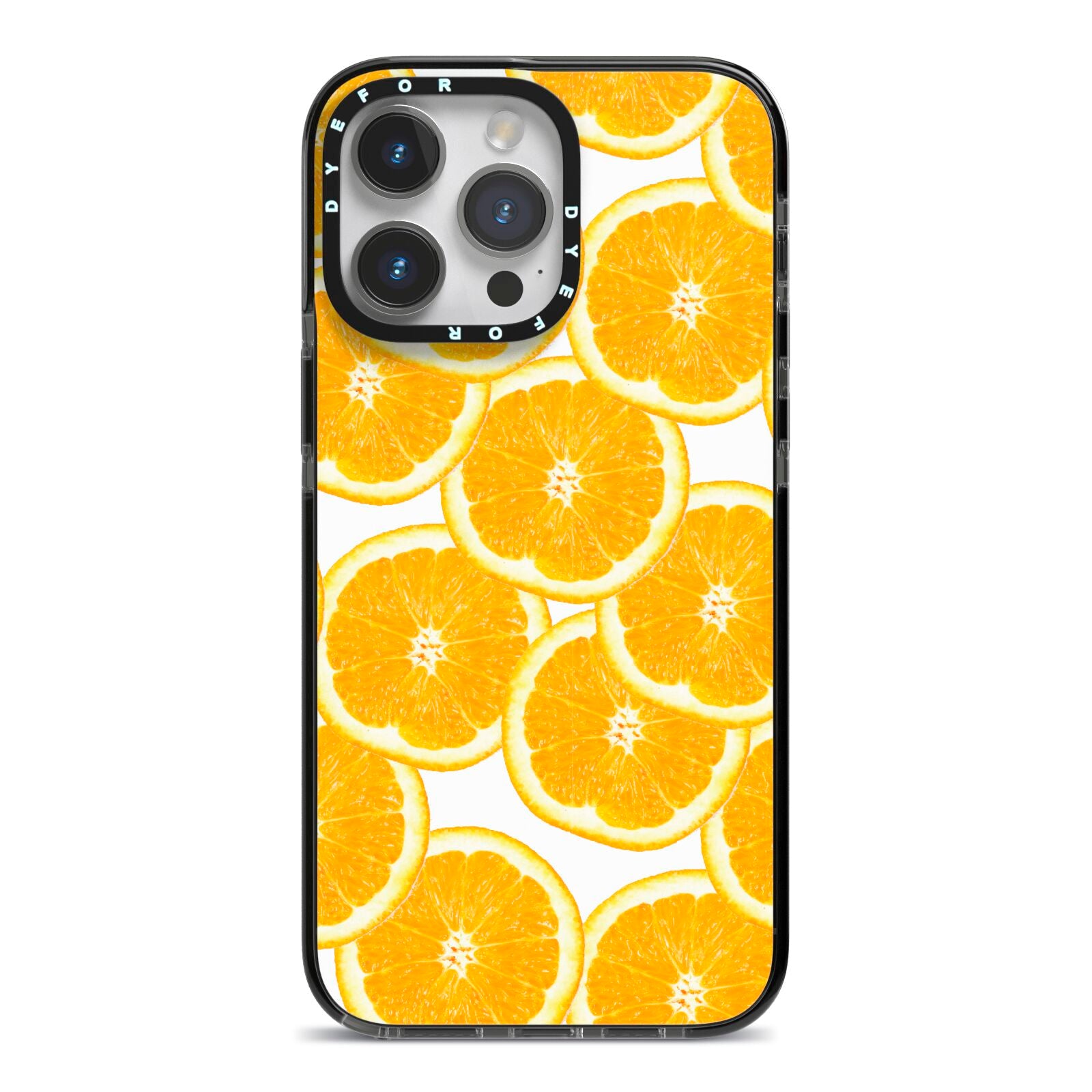 Orange Fruit Slices iPhone 14 Pro Max Black Impact Case on Silver phone